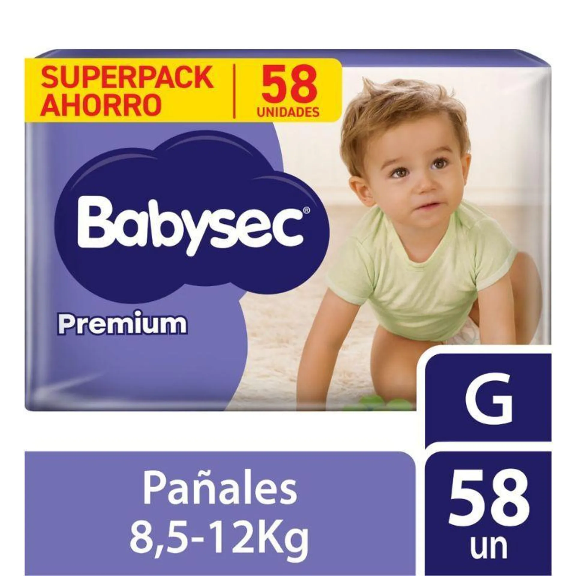 Pañal Babysec Premium Super Mega Talla G - Bolsa 58 UN