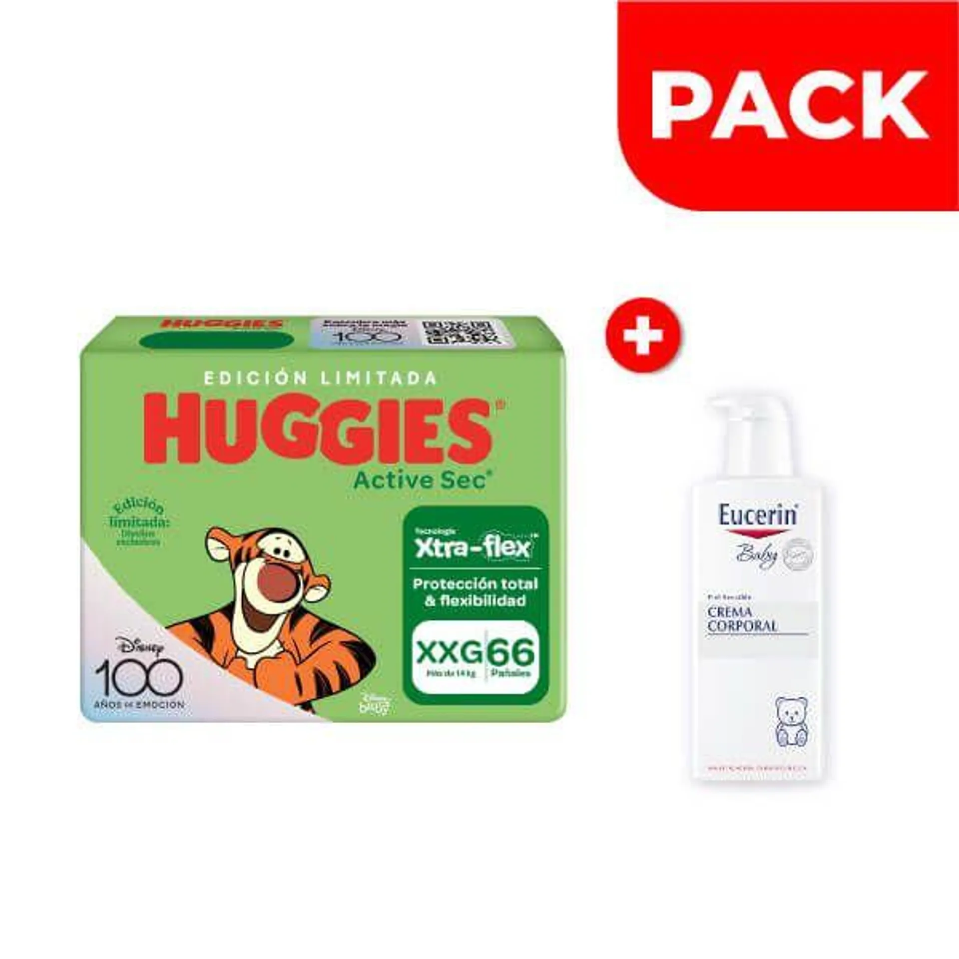 Pack Huggies Active Sec Xtra-Flex Talla XXG 66 UN + Eucerin Baby Crema Corporal 400 ML