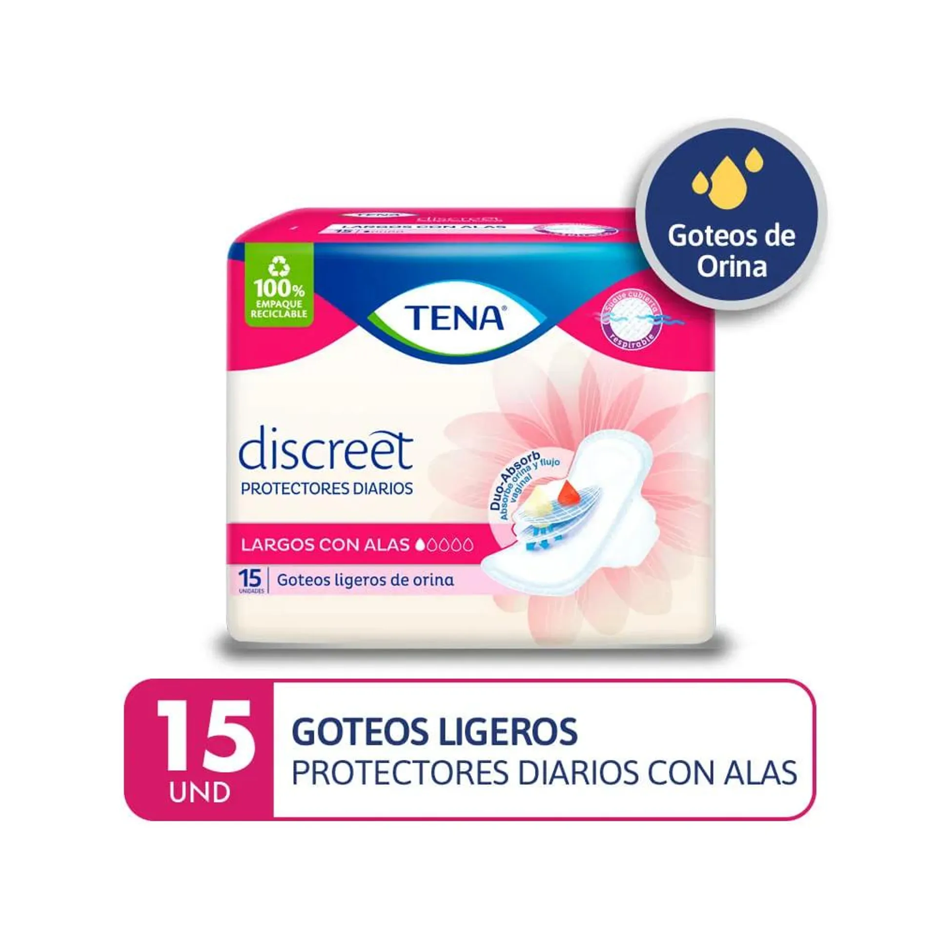 Tena Discreet Largos con Alas Protectores Diarios x 15 Unidades