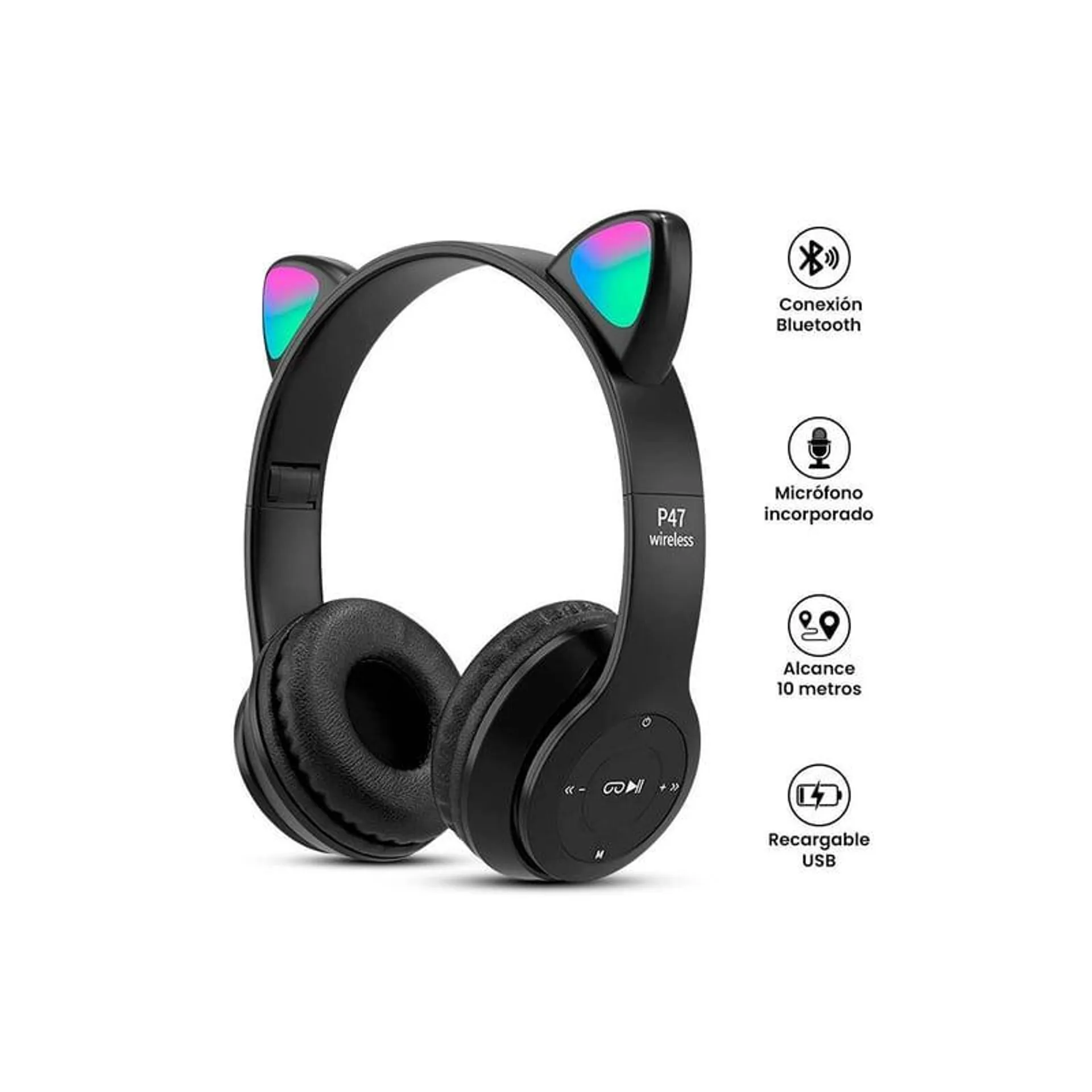 Audifonos Inalámbricos P47M RGB Gato - NEGRO