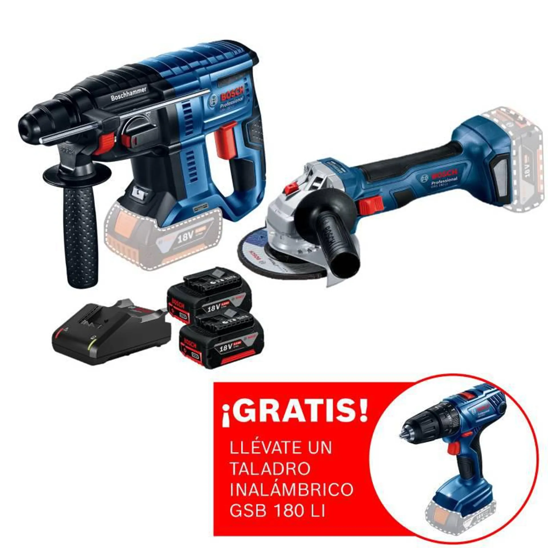 Amoladora inalámbrica 18V Bosch GWS 180-LI + Rotomartillo inalámbrico 18 V Bosch GBH 180-LI Brushless+ 2 baterías + maletín plástico + Regalo: Taladro Atornillador Percutor Bosch GSB 180-LI