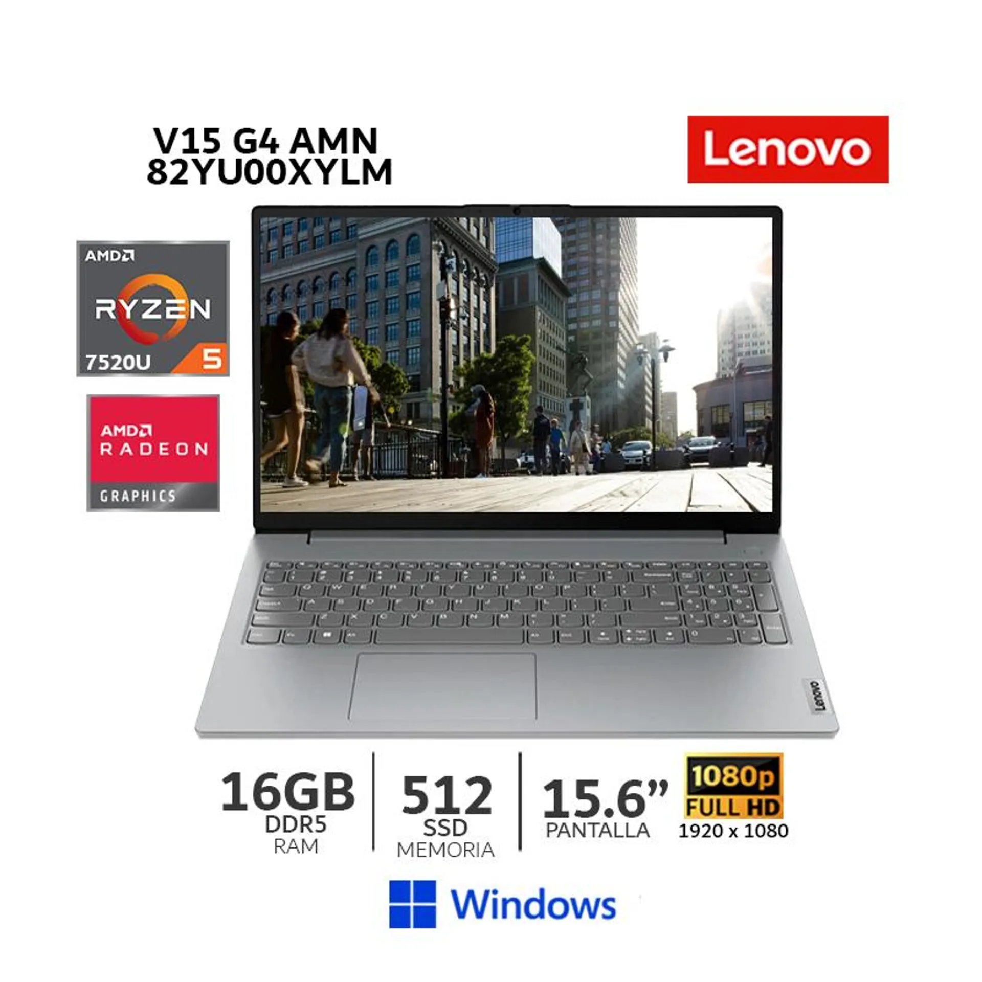 Laptop Lenovo V15 G4 AMN AMD Ryzen 5 7520U,16Gb Ram, 512Gb SSD,15.6” FHD, Wind 82YU00XYLM