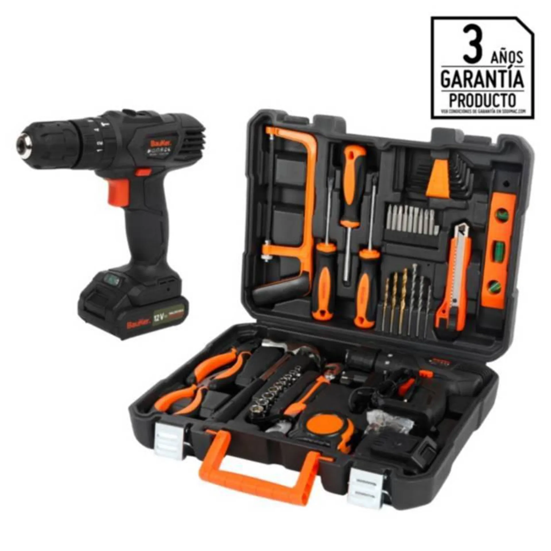 Taladro Inalámbrico 10mm 12V Bauker + Set de Herramientas Manuales 44 Piezas Bauker