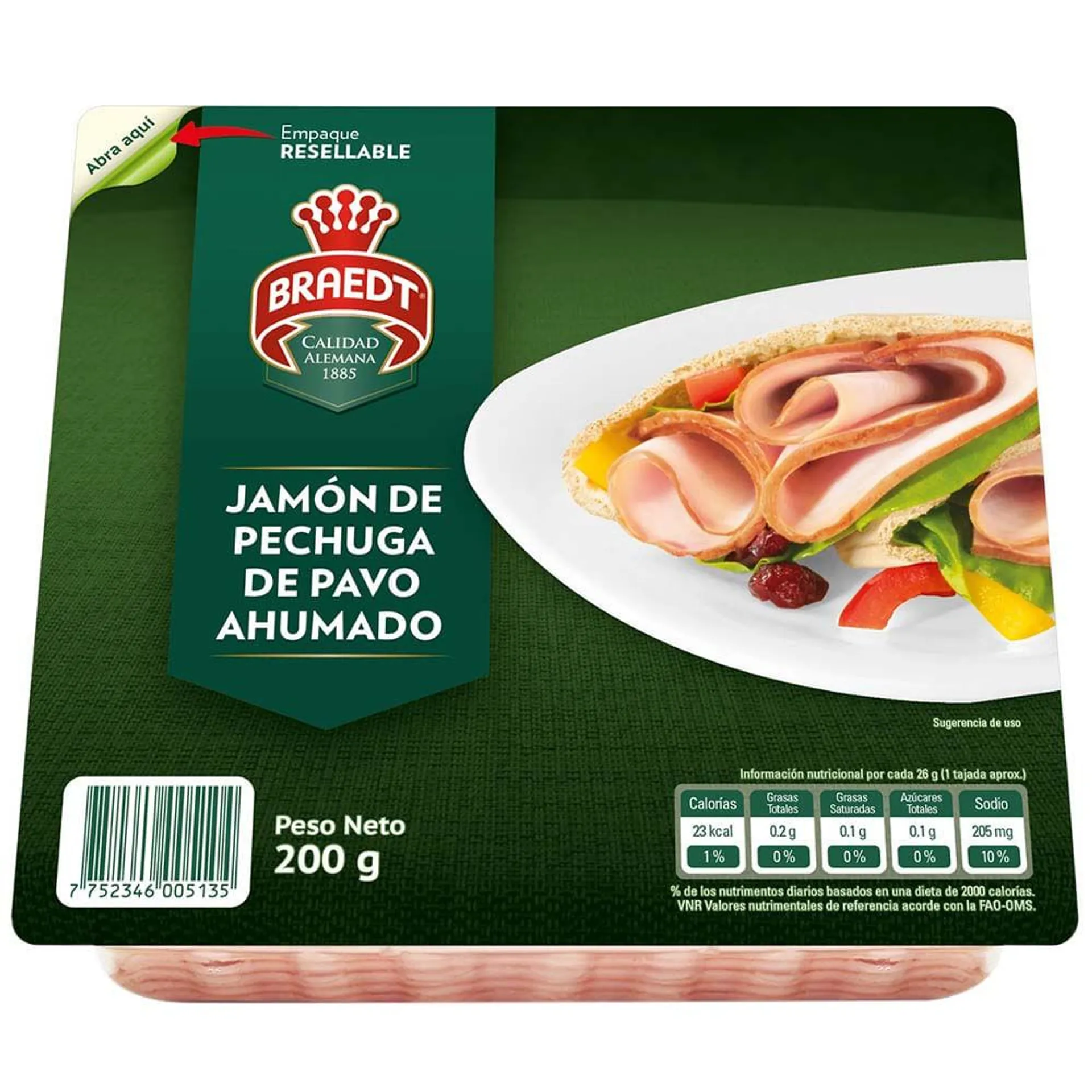 Jamón de Pechuga de Pavo Ahumado BRAEDT Paquete 200g