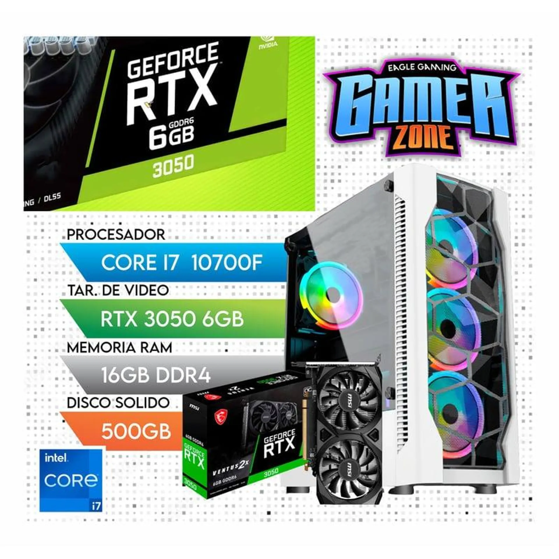 Computadora PC Gamer Core i7 10700F + 16GB + SSD 500gb+ RTX 3050 6gb