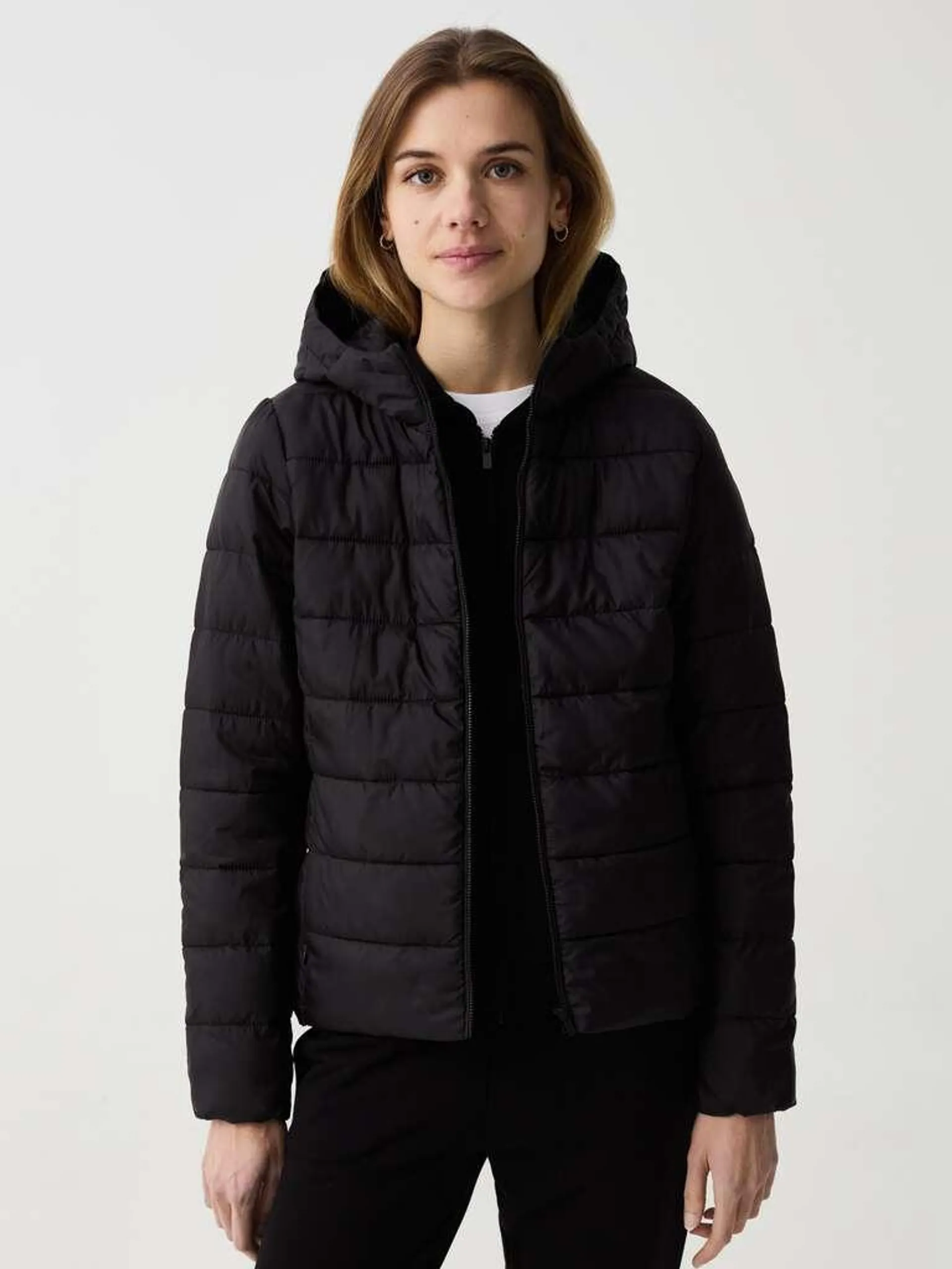 Black Essential ultralight down jacket with hood