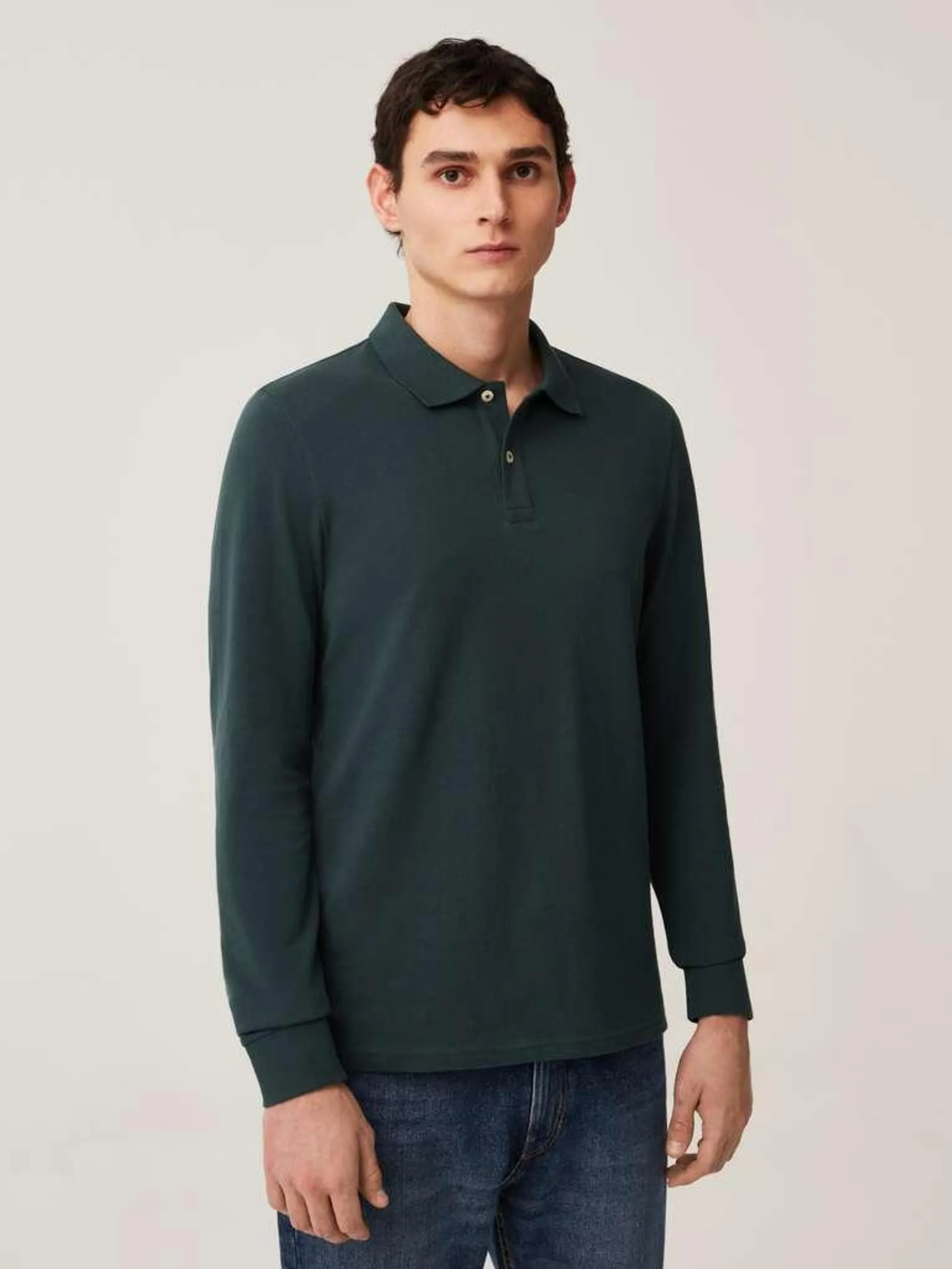 Long-sleeve polo shirt in cotton pique Vert foncé