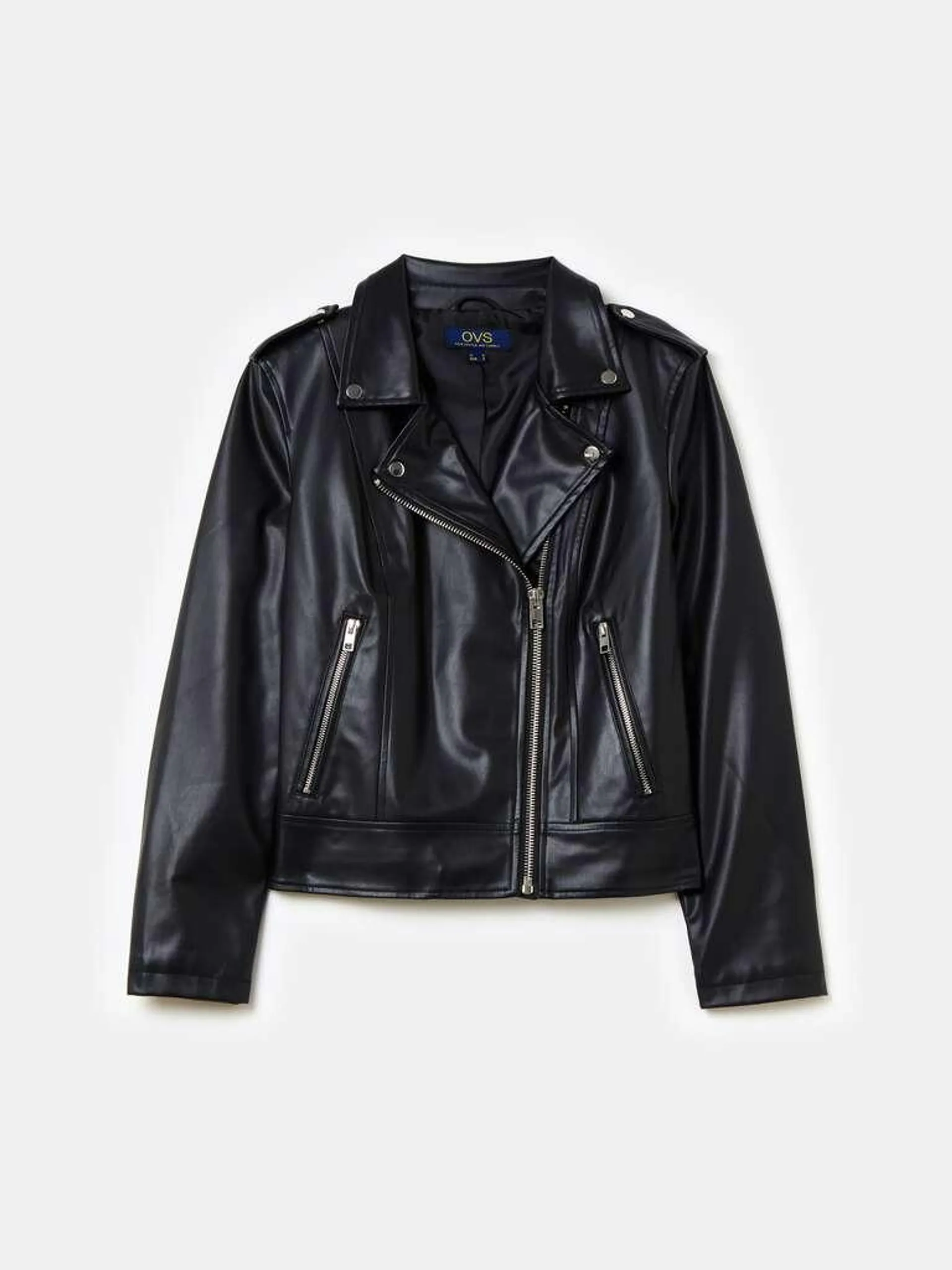 Black Glossy-effect biker jacket with zip