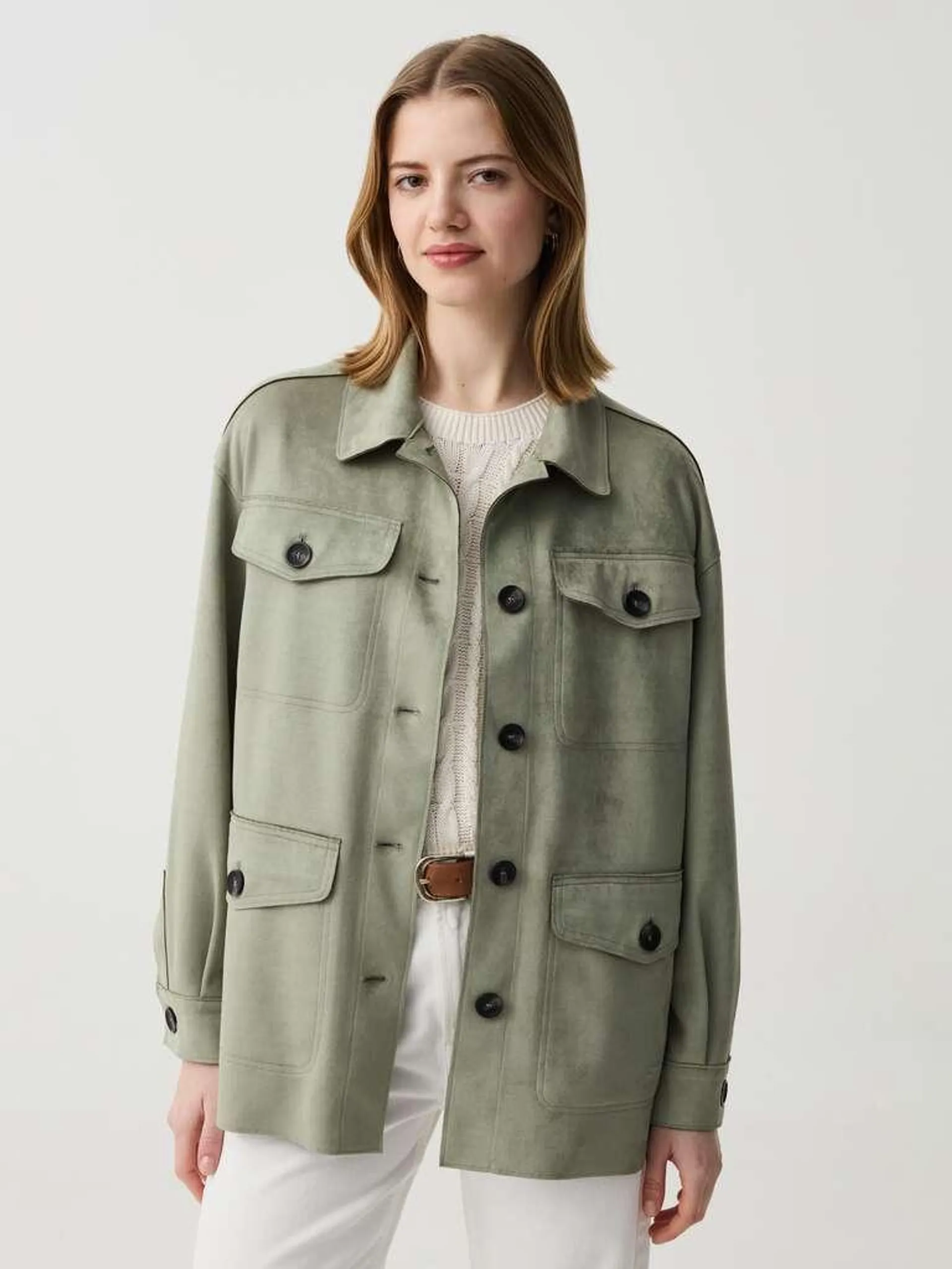 Sage Green Short suede jacket with pockets