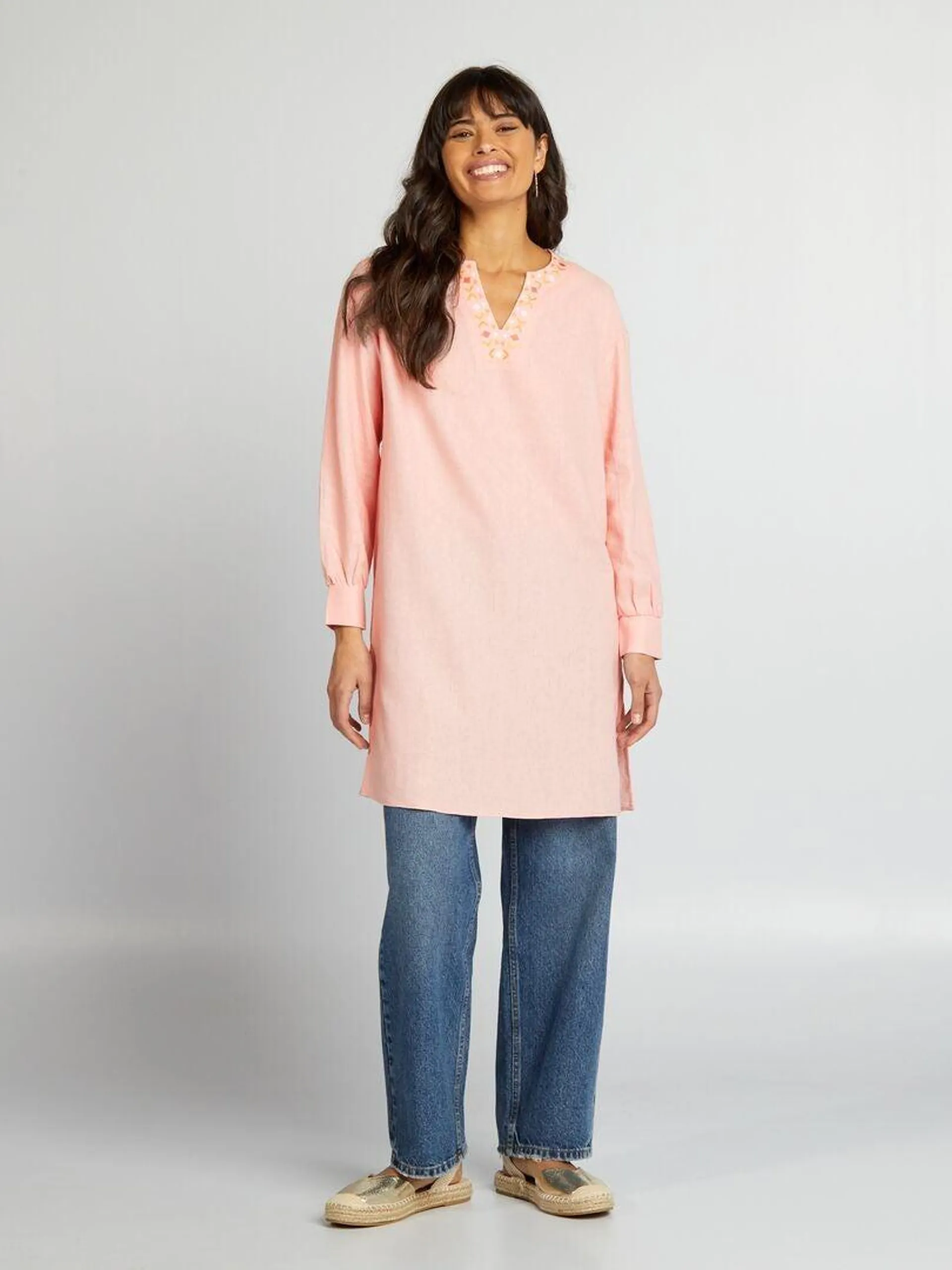 Blouse longue en lin avec col tunisien - Rose