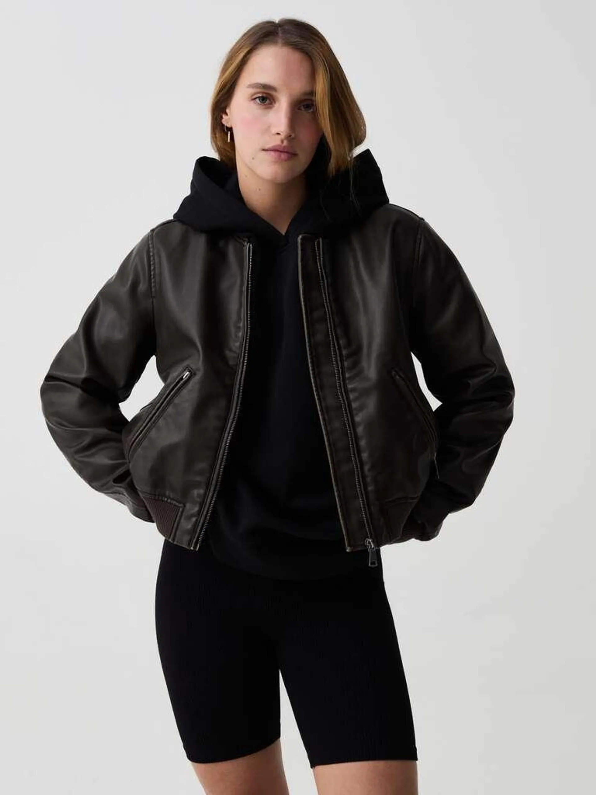Dark Brown Full-zip glossy-effect bomber jacket