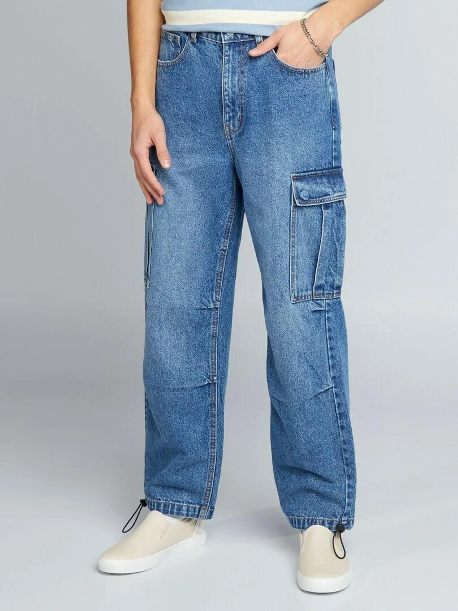 Pantalon denim large multipoches - stone