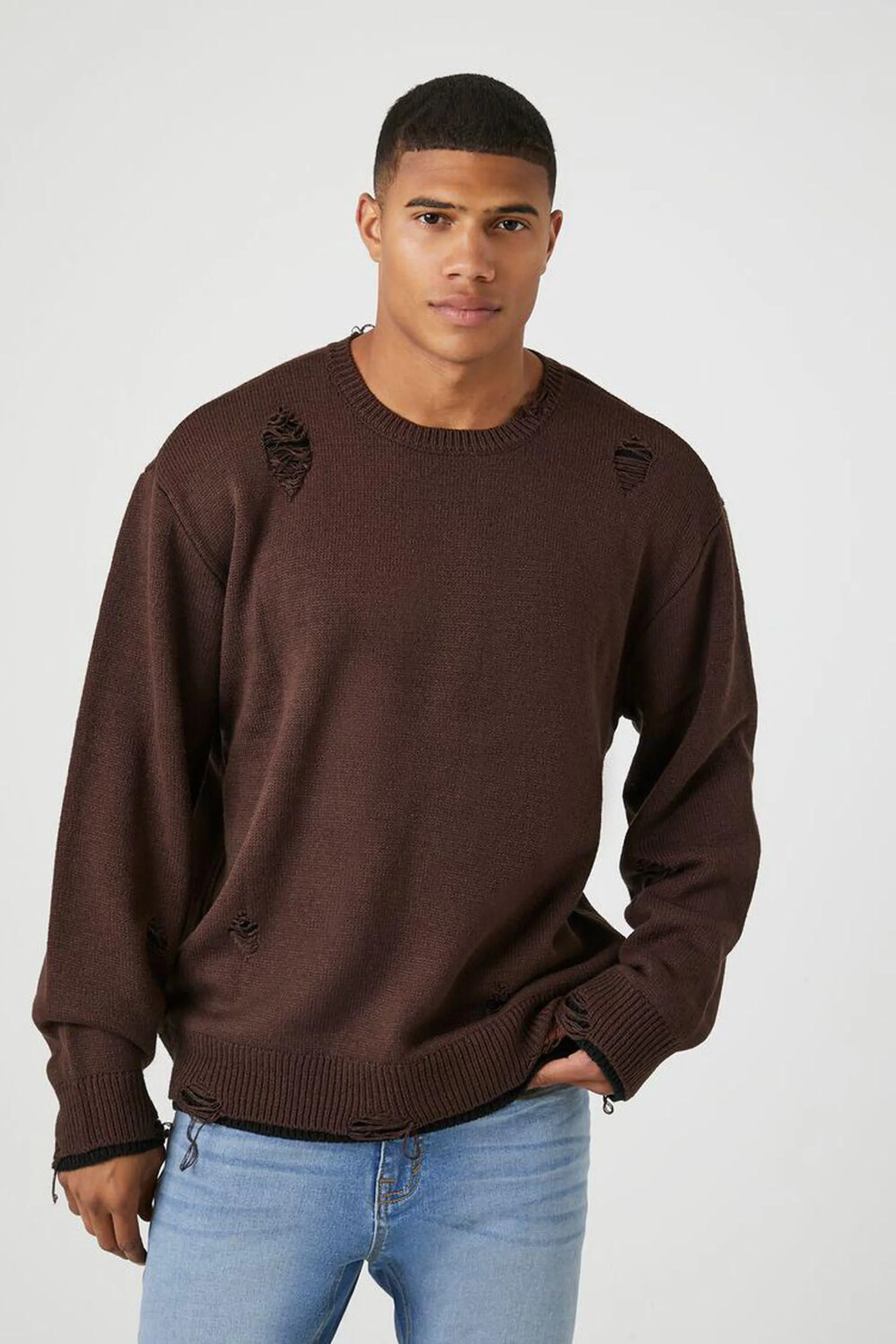 Distressed Ribbed-Trim Sweater