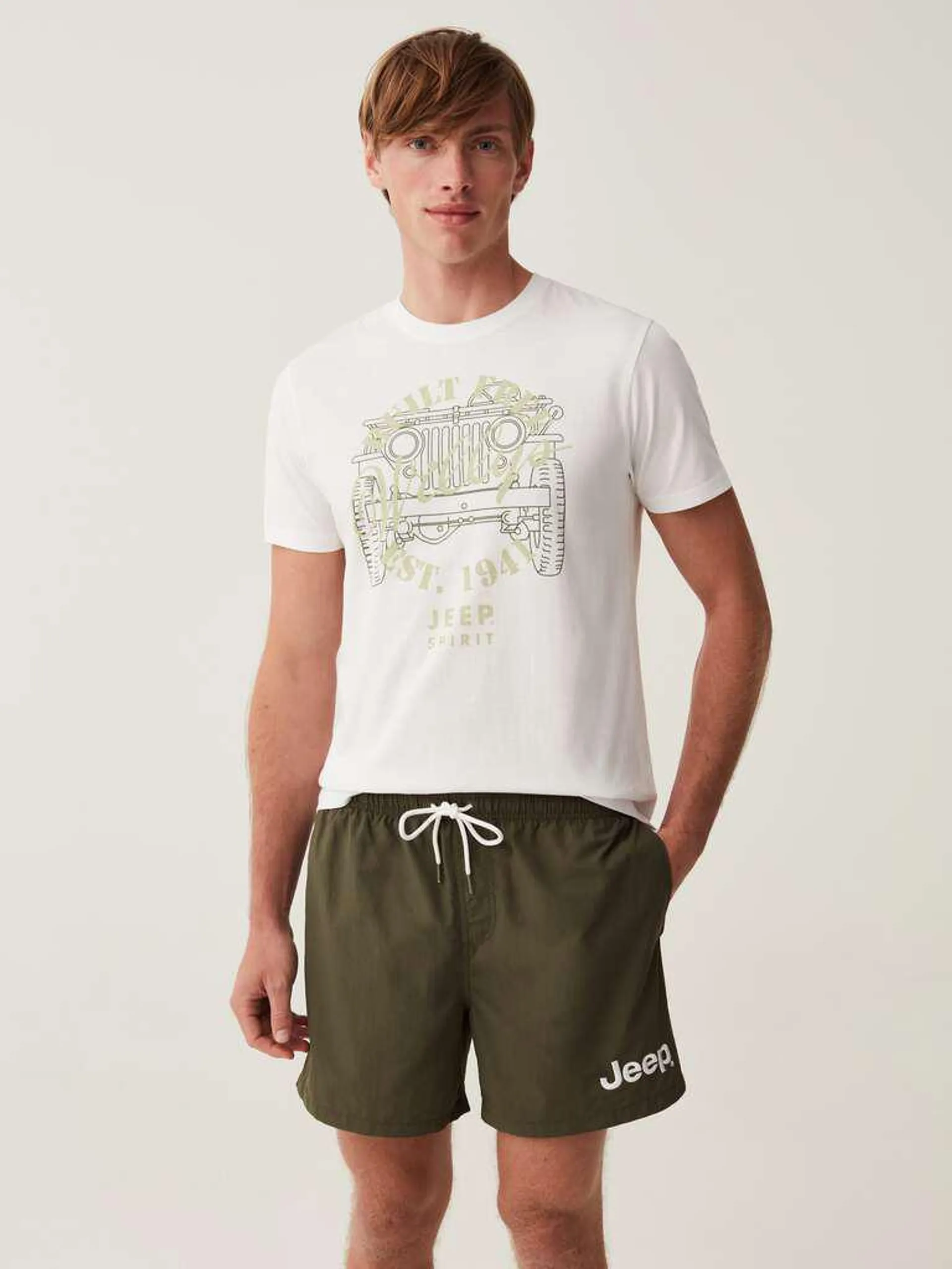 Optical White Cotton T-shirt with Jeep print