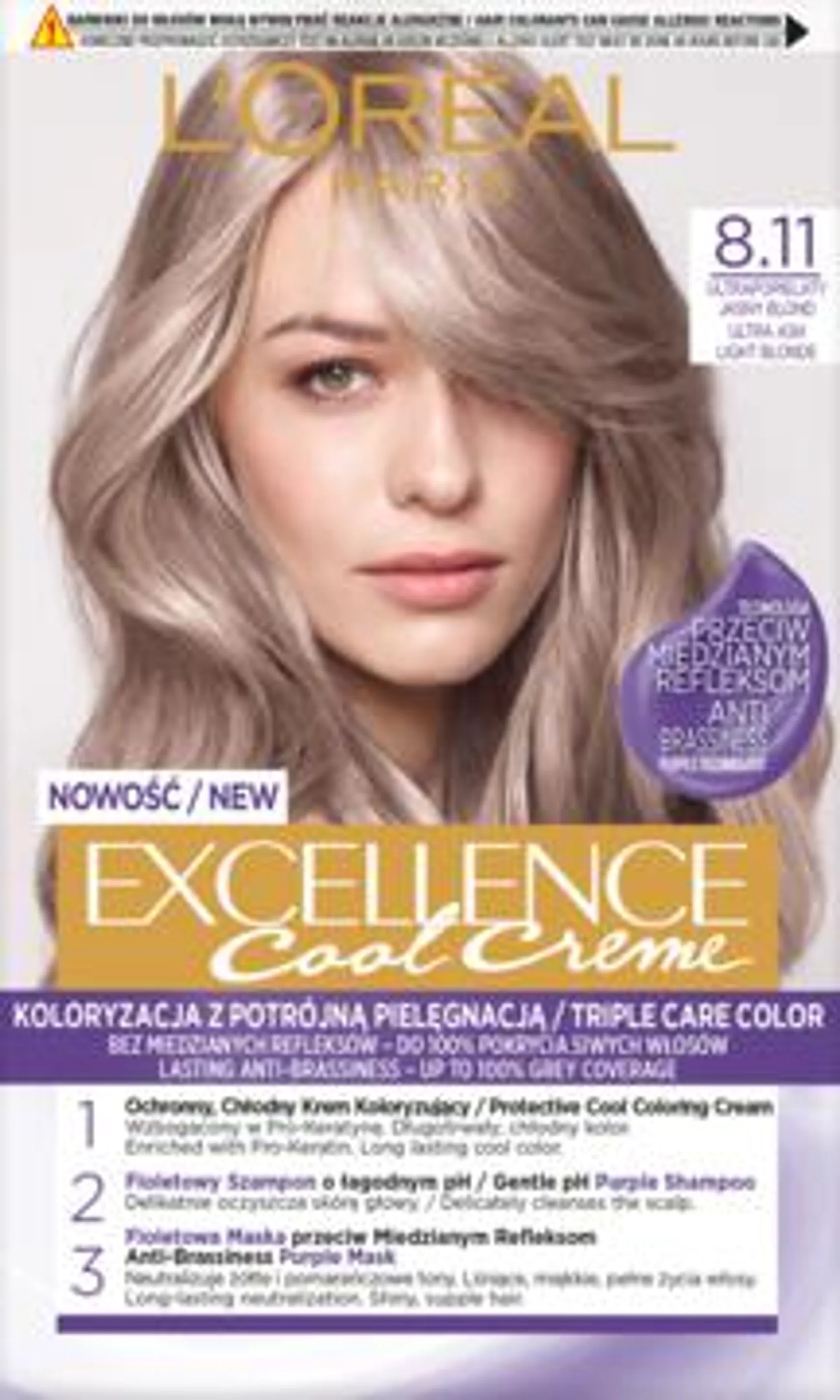 L'ORÉAL PARIS EXCELLENCE krem koloryzujący, przeciw miedzianym refleksom, nr 8.11 Ultrapopielaty Jasny Blond 1 szt., nr kat. 353685