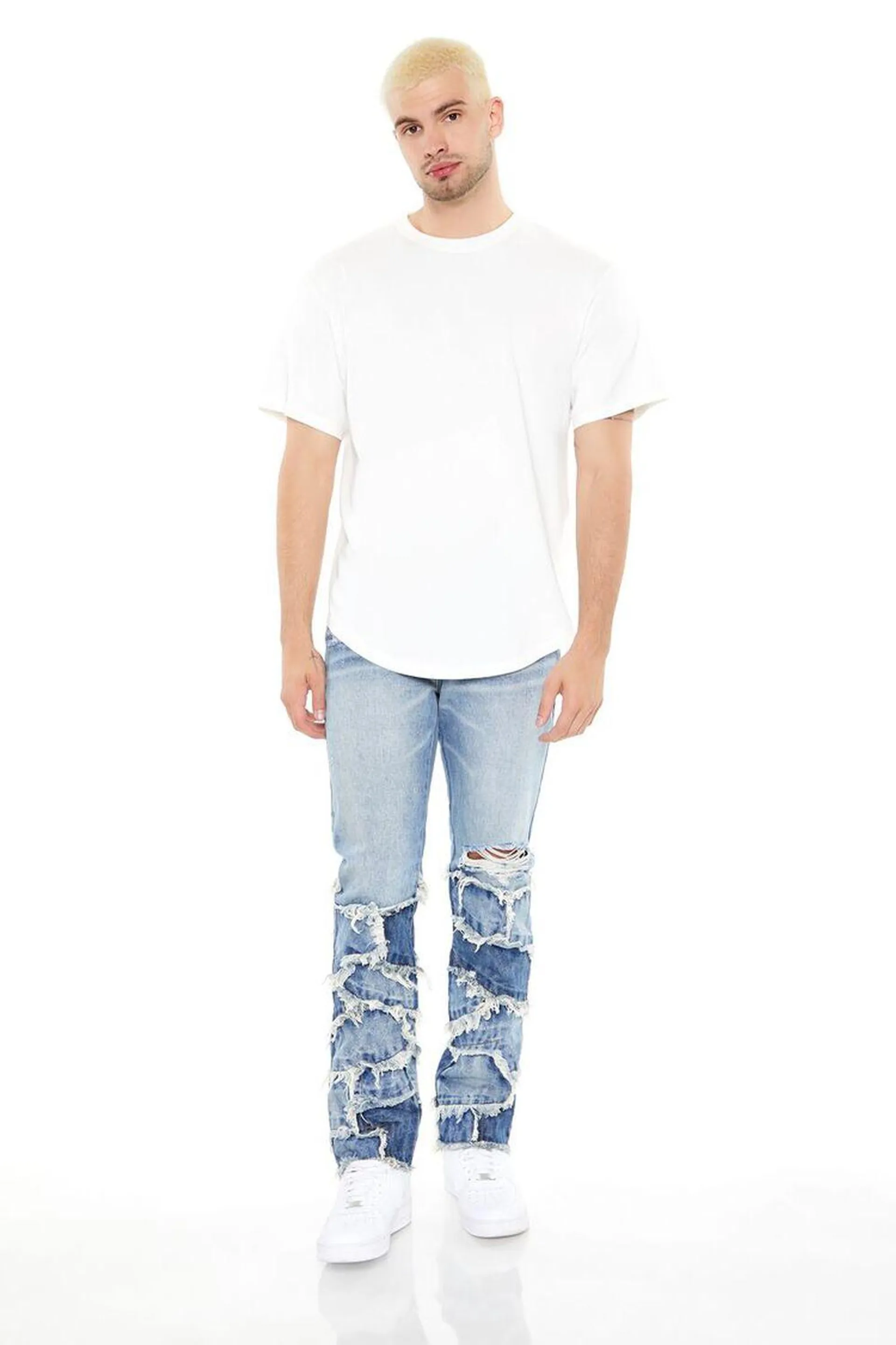 Frayed Patchwork Slim-Fit Jeans