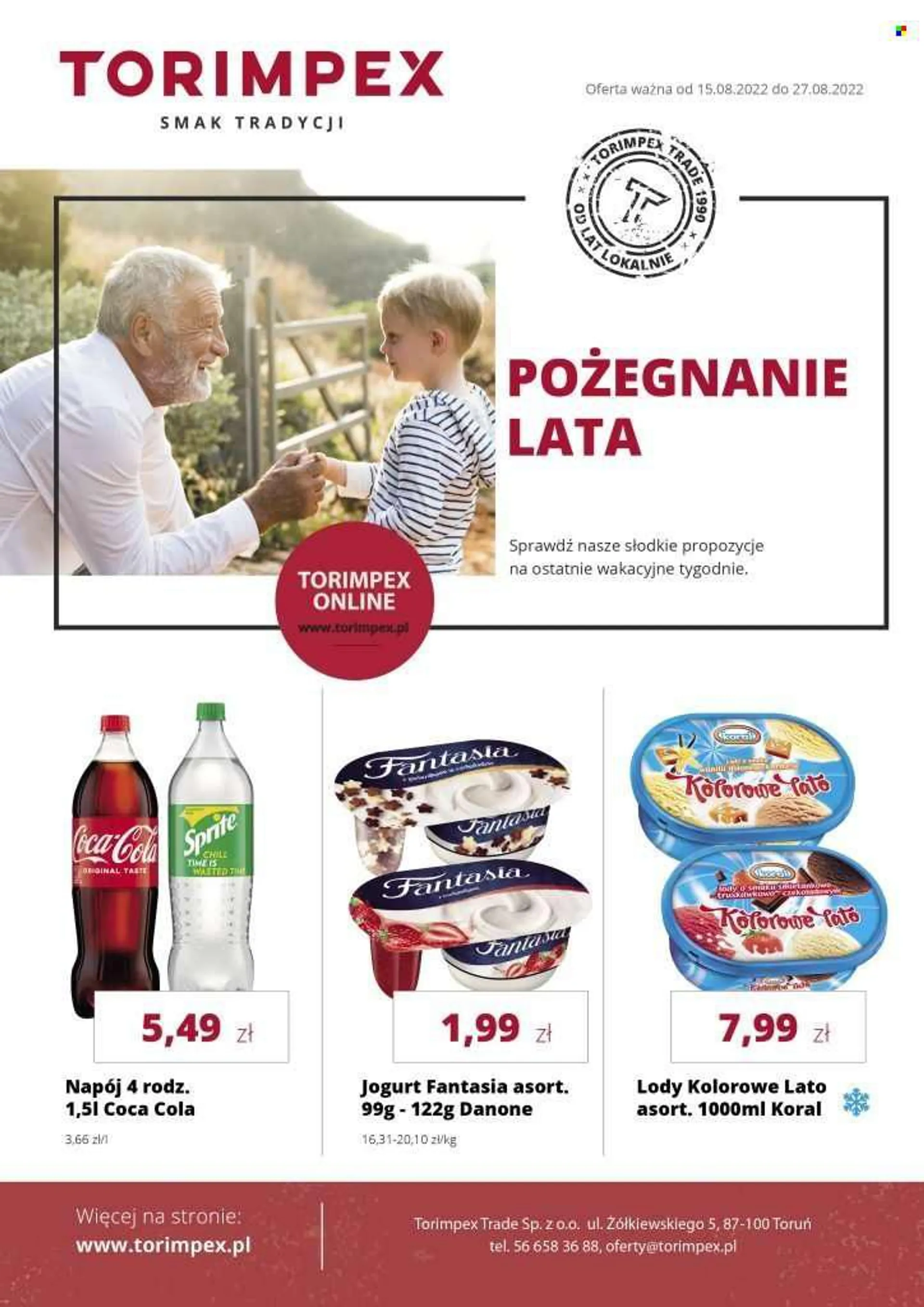 Gazetka Torimpex - 15.08.2022 - 27.08.2022 - Produkty w akcji - Danone, jogurt, napój, lody, Coca-Cola, Sprite. Strona 1.