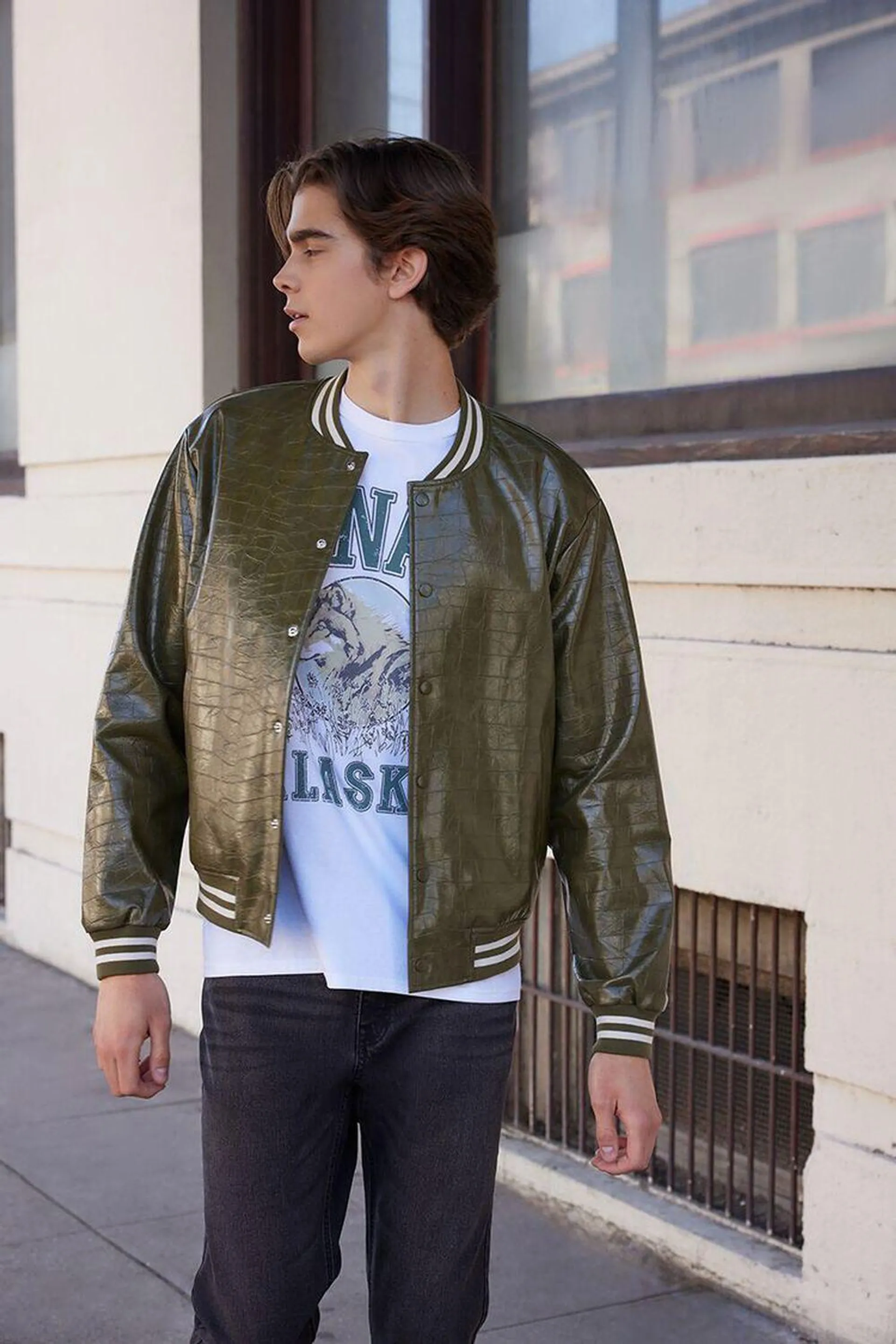 Faux Croc Varsity Bomber Jacket