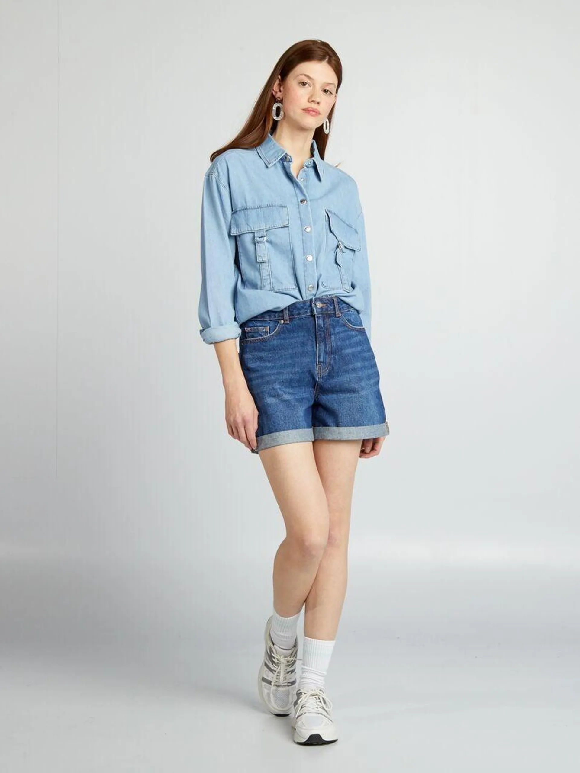 Short en denim taille haute - BLEU