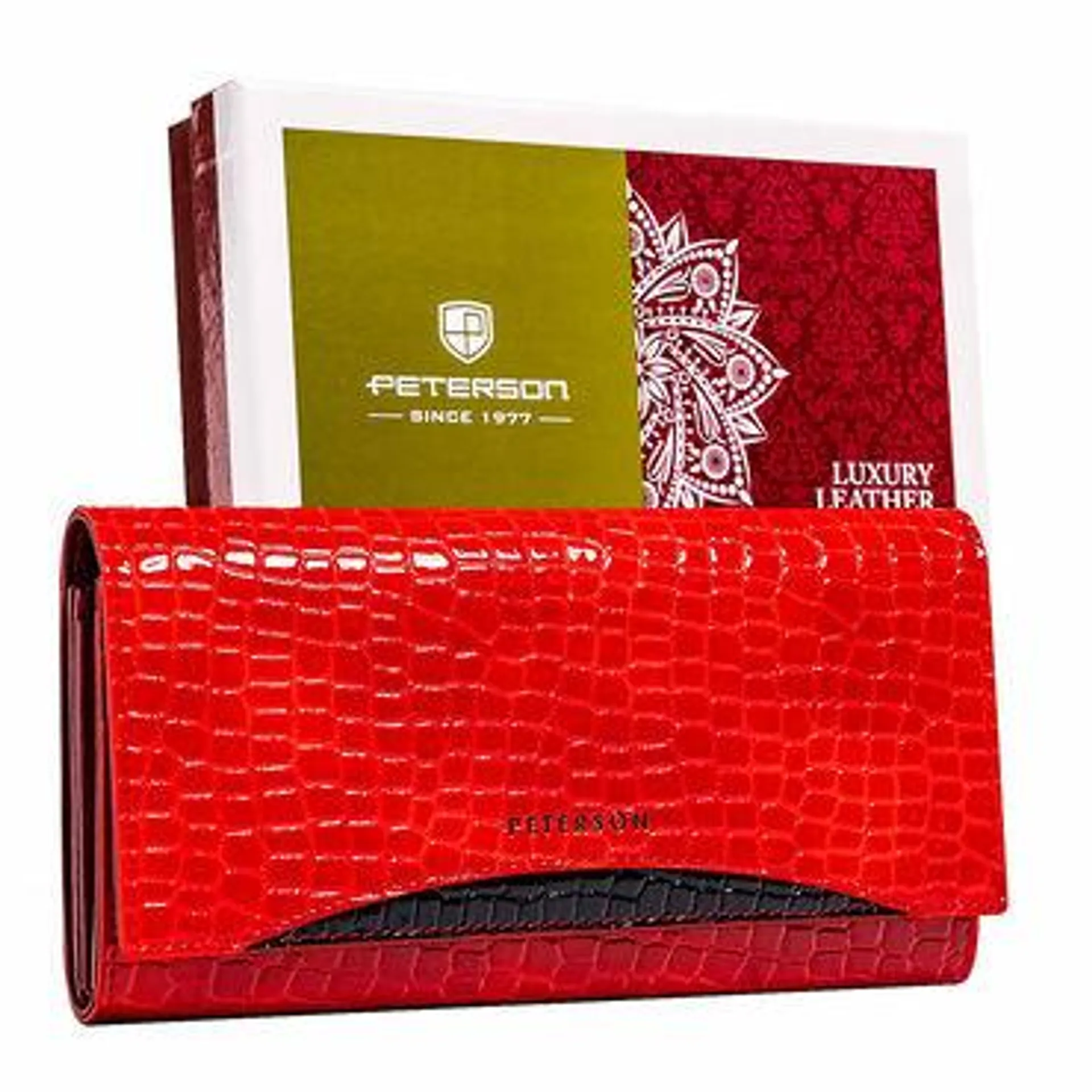 Czerwony portfel lakierowany damski Peterson, 9,5 x 18,5 x 3 cm, na zatrzask