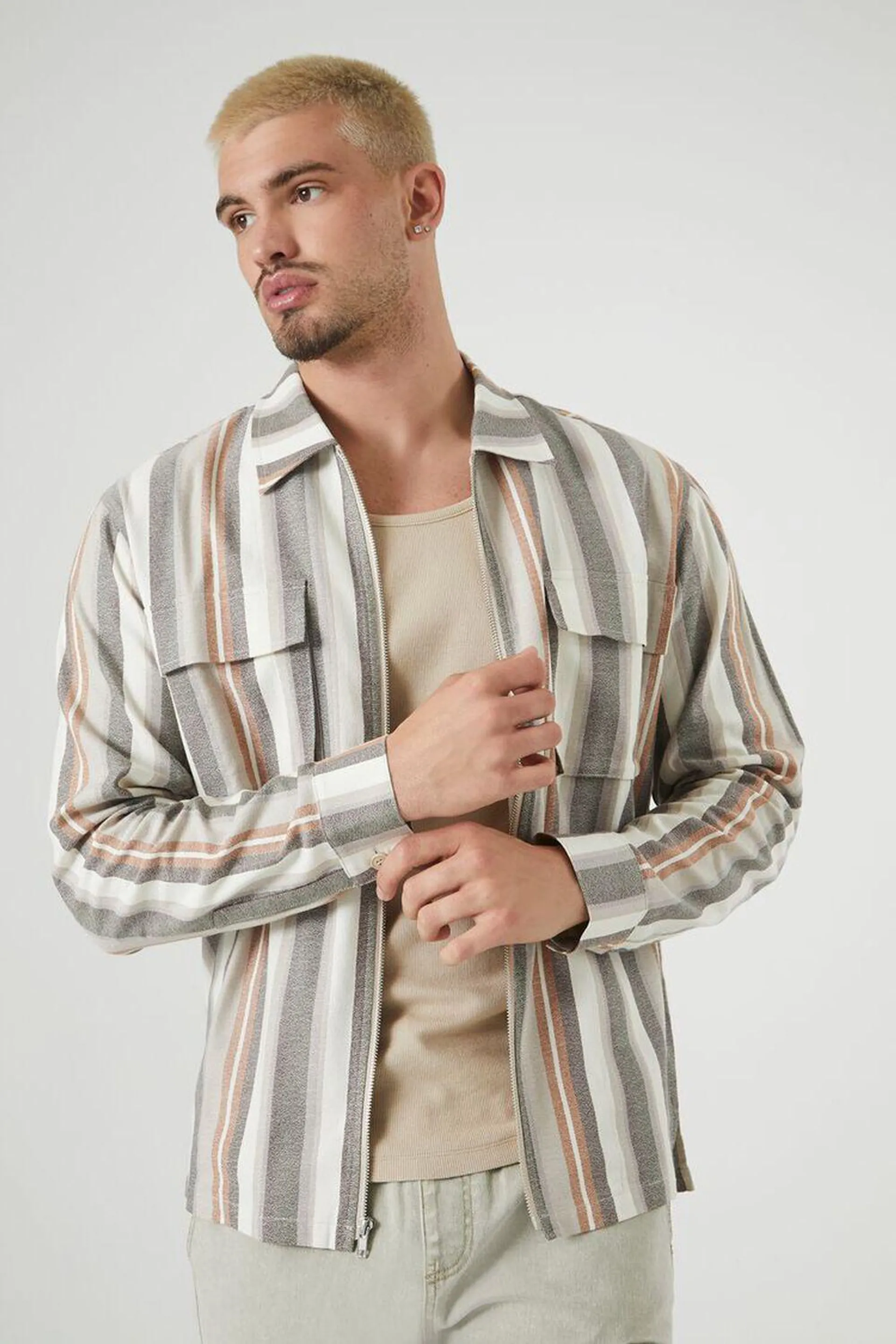 Striped Zip-Up Long-Sleeve Shirt
