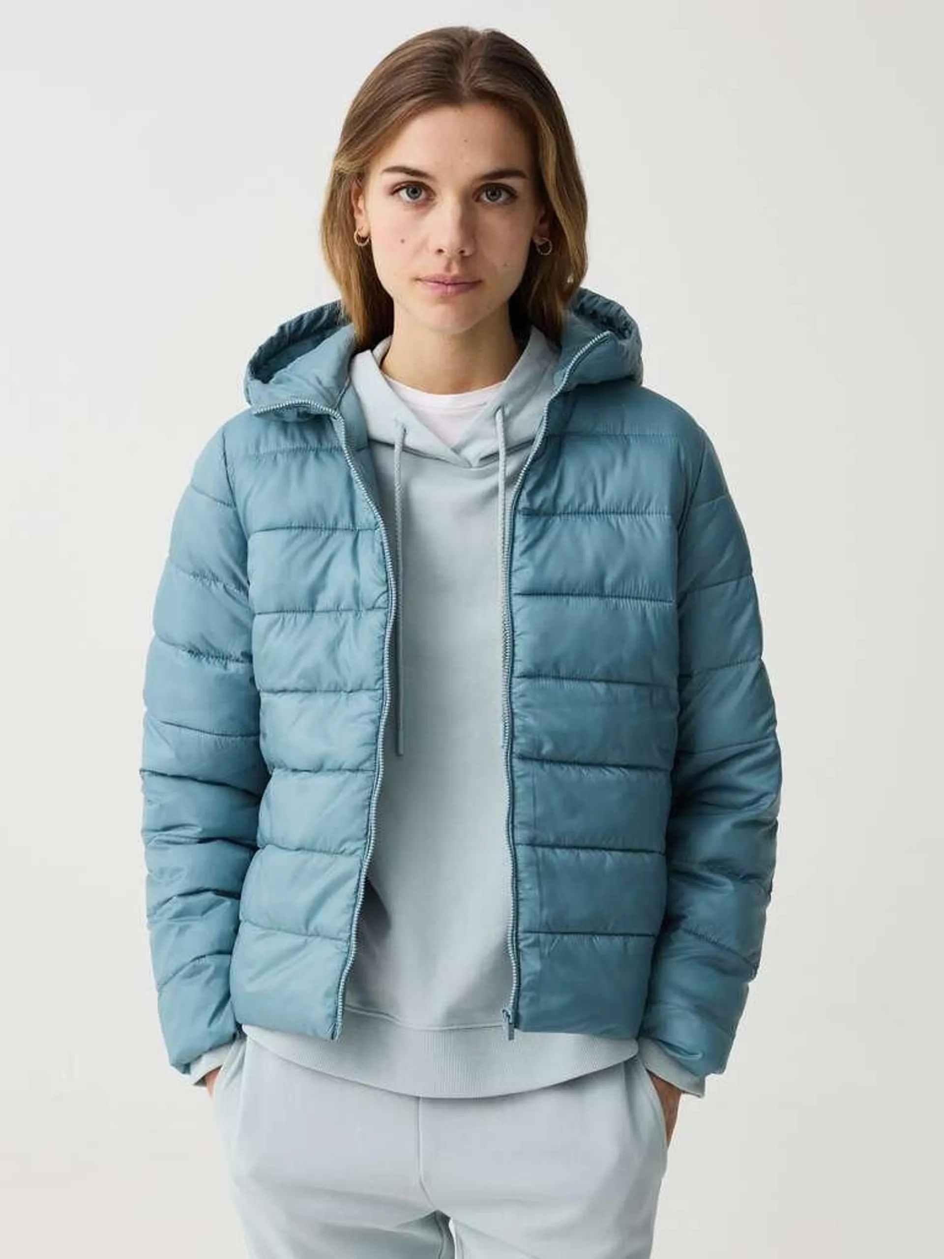 Light Blue Essential ultralight down jacket with hood
