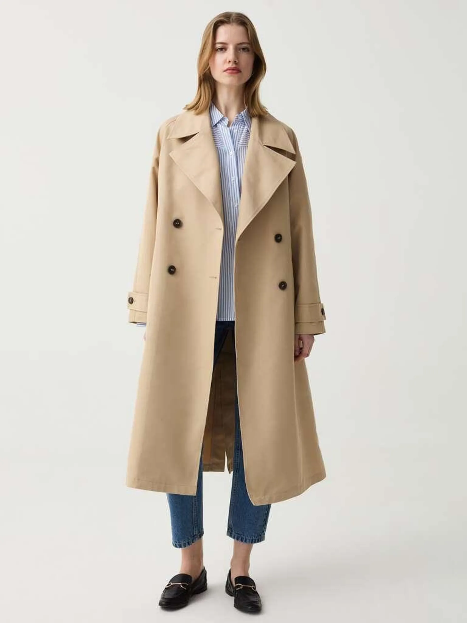 Beige Long double-breasted trench coat with belt