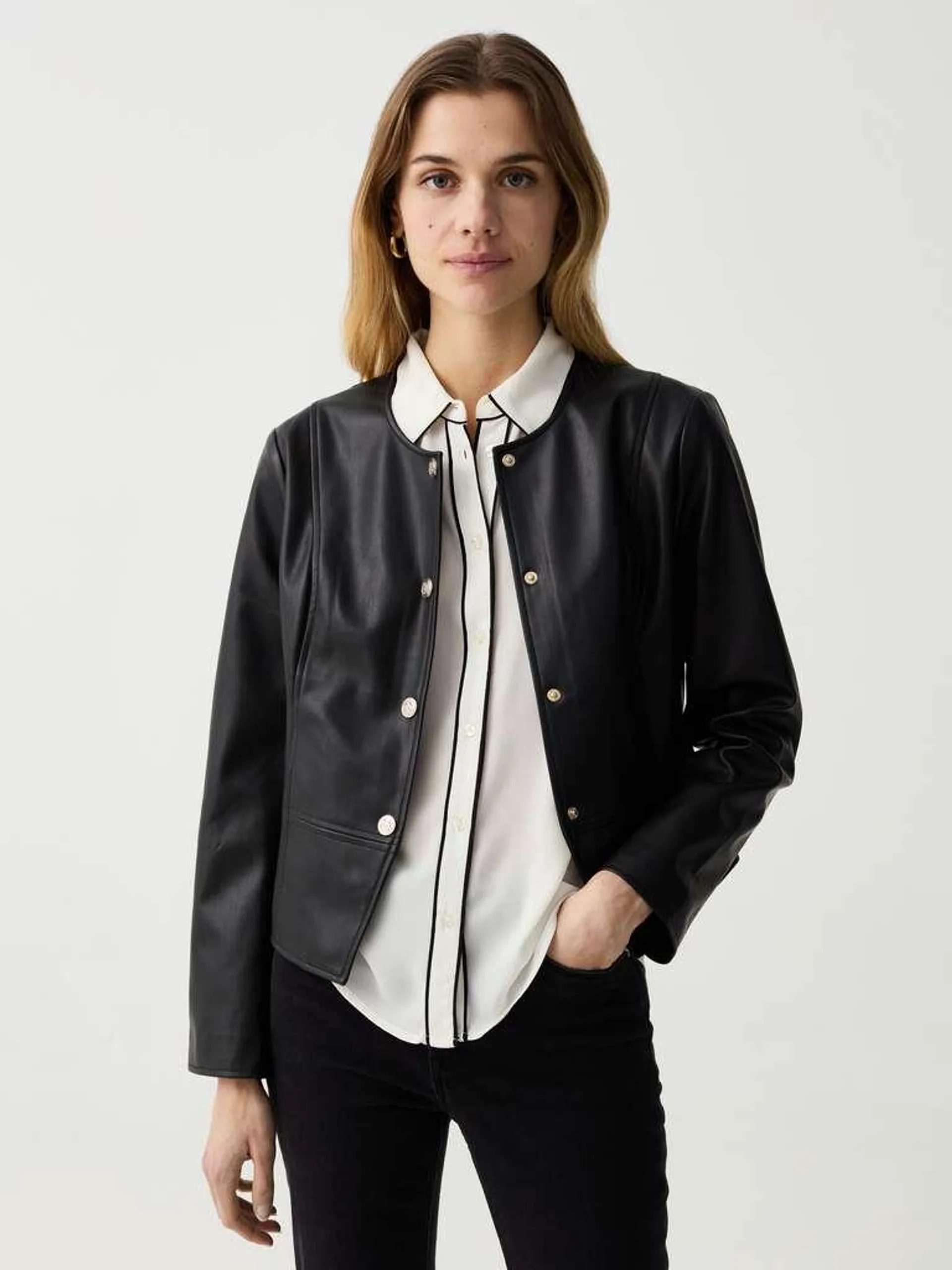 Black Glossy-effect jacket with buttons