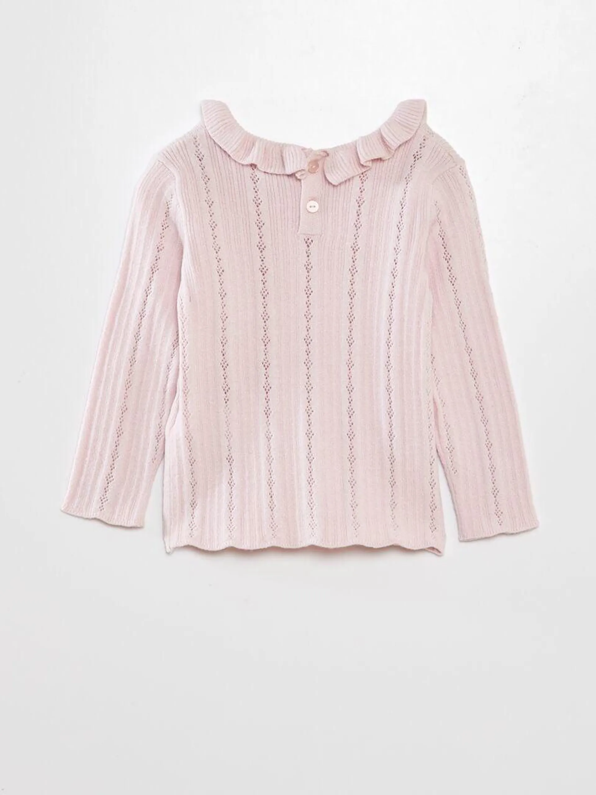 Pull en maille ajourée avec collerette - Rose poudré