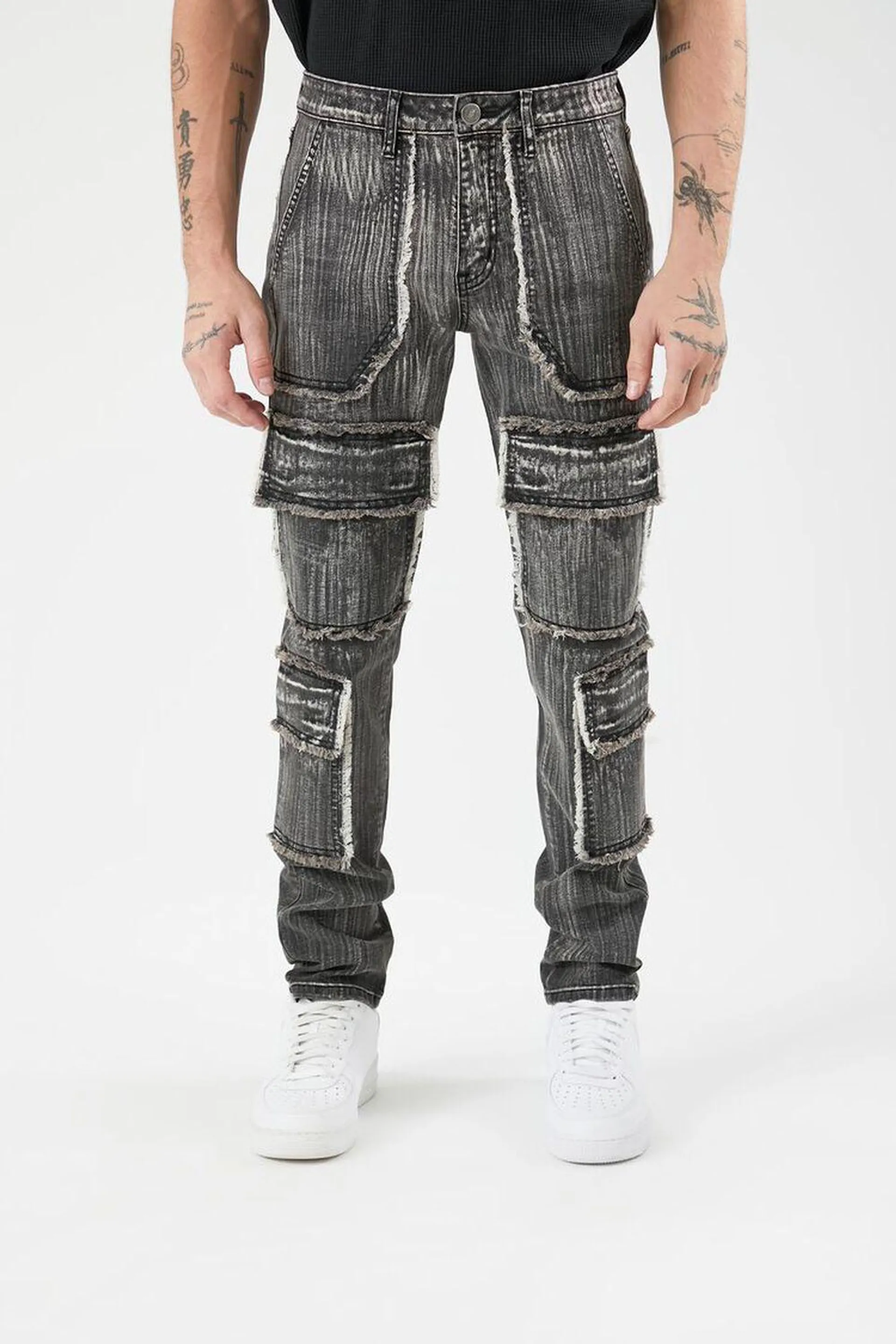 Frayed-Trim Skinny Cargo Jeans