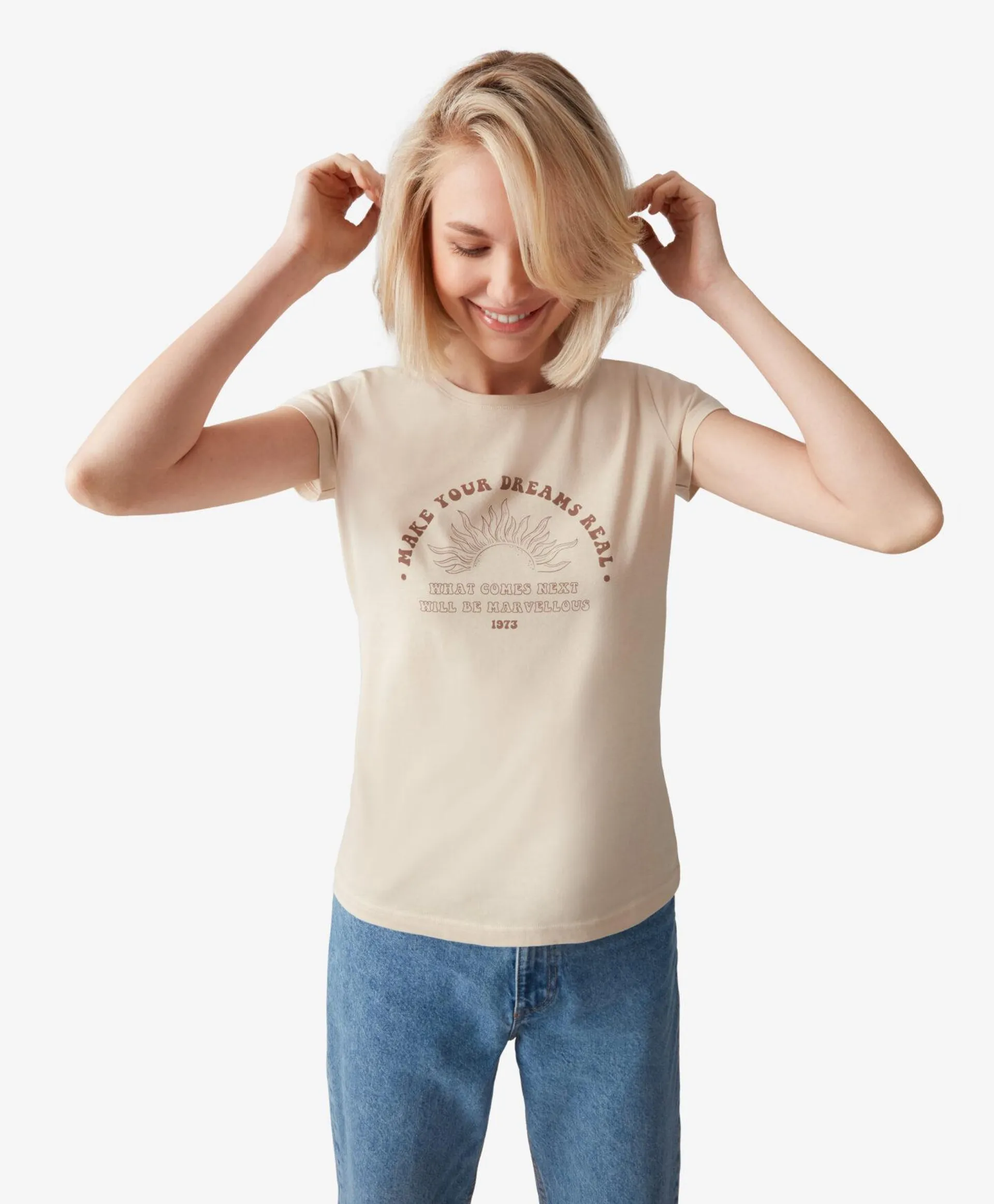 Beżowy T-shirt damski z printem