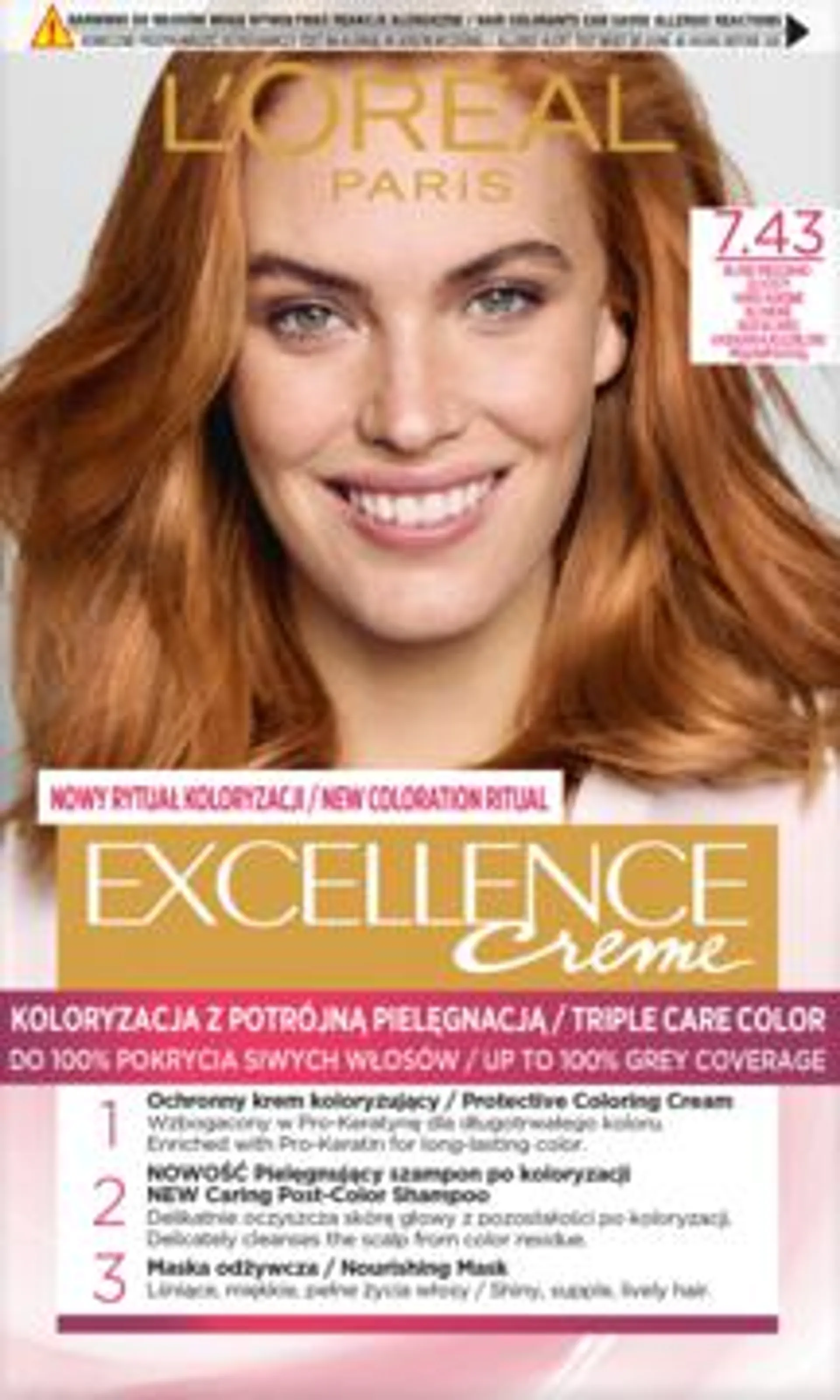 L'ORÉAL PARIS Creme Excellence krem koloryzujący, ochronny, nr 7.43 Blond Miedziano-Złocisty 1 szt., nr kat. 44527