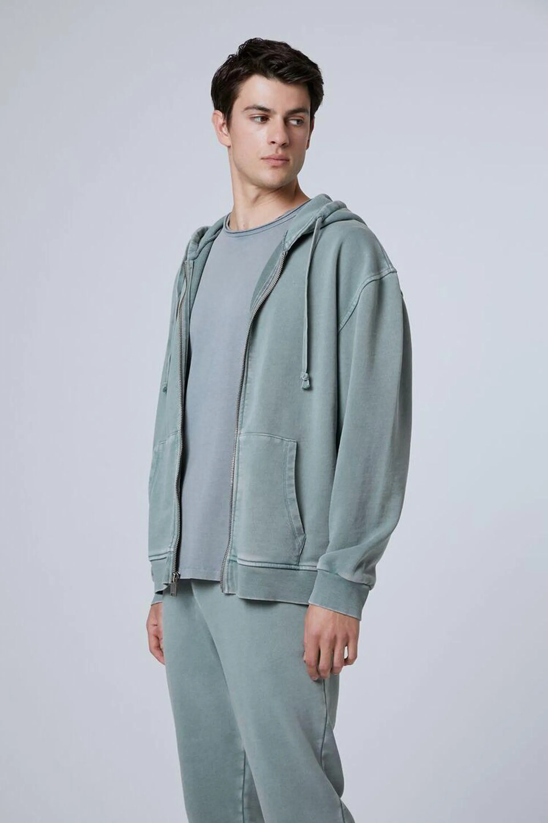 Snow Wash Zip-Up Drawstring Hoodie