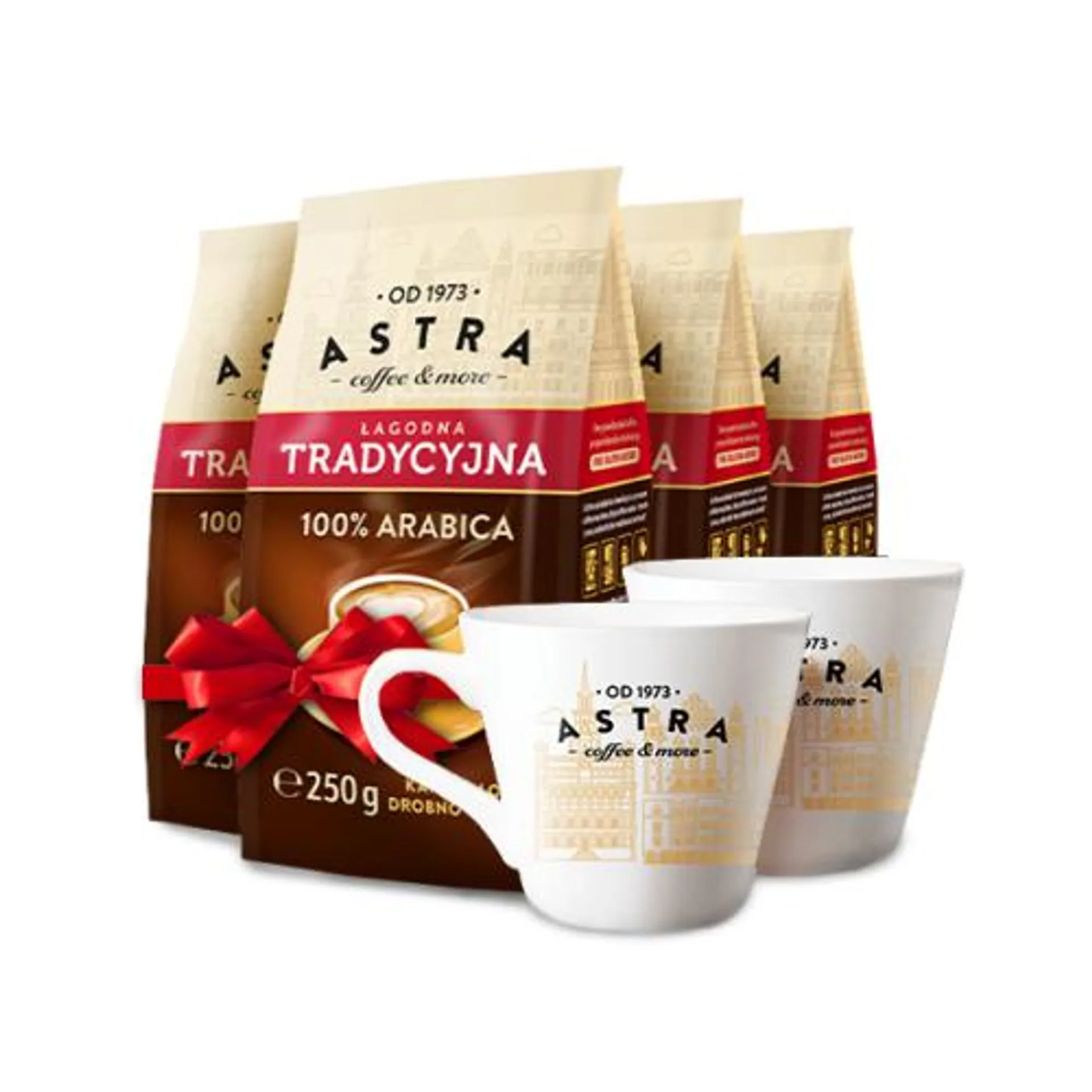 Astra Zestaw Kawa Tradycyjna drobno mielona 250g x 4 + 2 filiżanki