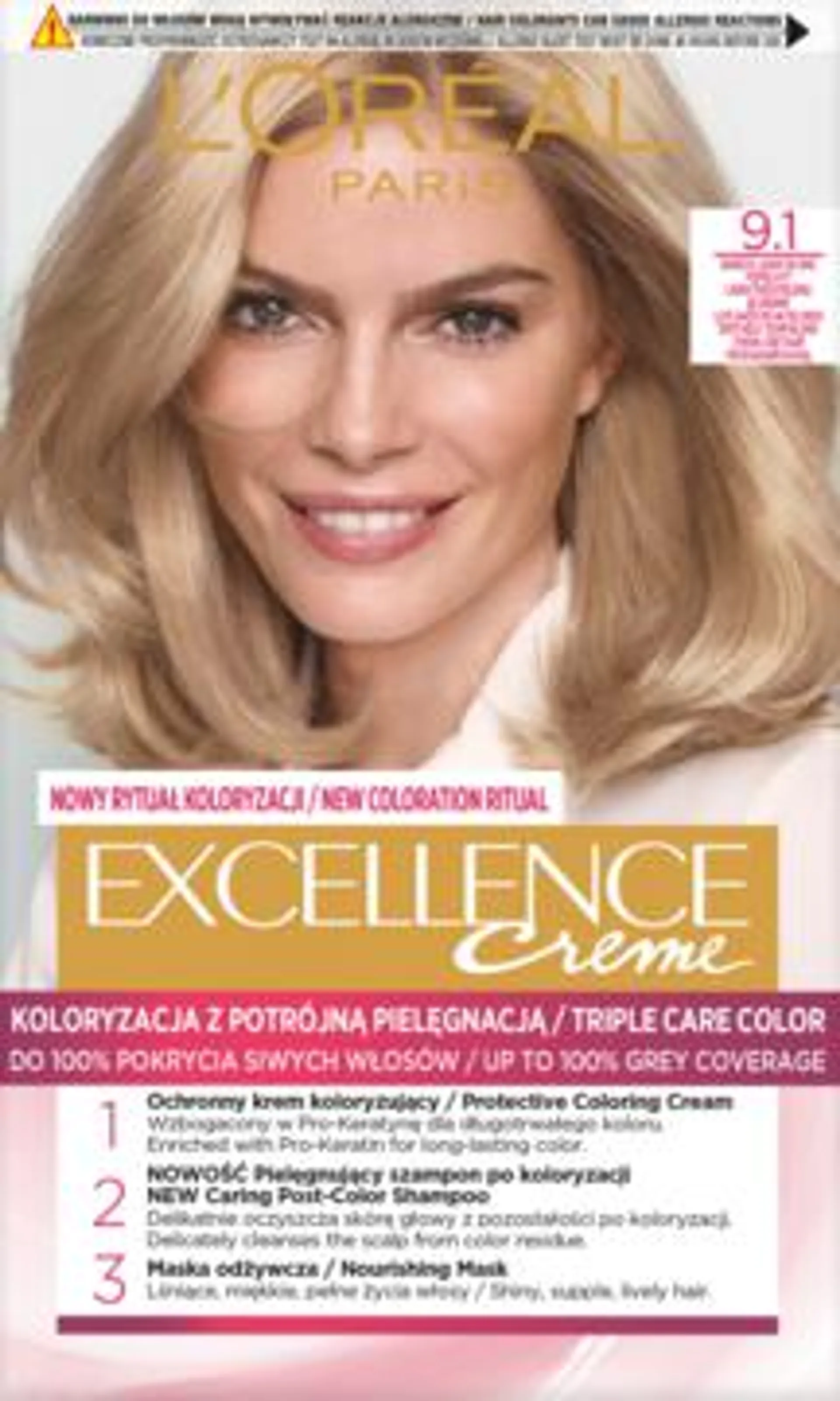 L'ORÉAL PARIS Creme Excellence krem koloryzujący, ochronny, nr 9.1 Bardzo Jasny Blond Popielaty 1 szt., nr kat. 22536