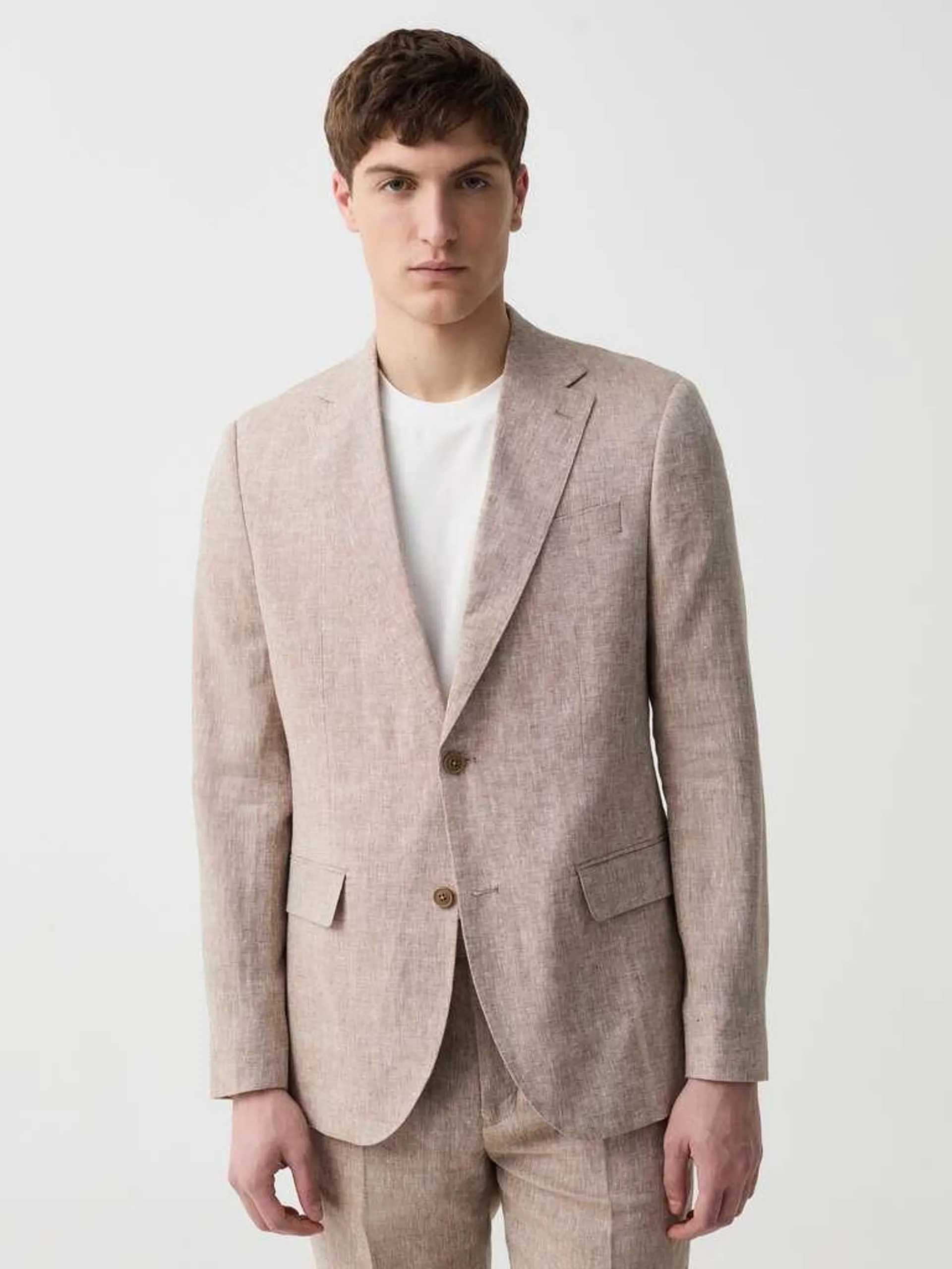 Beige Marl Slim-fit single-breasted blazer in linen