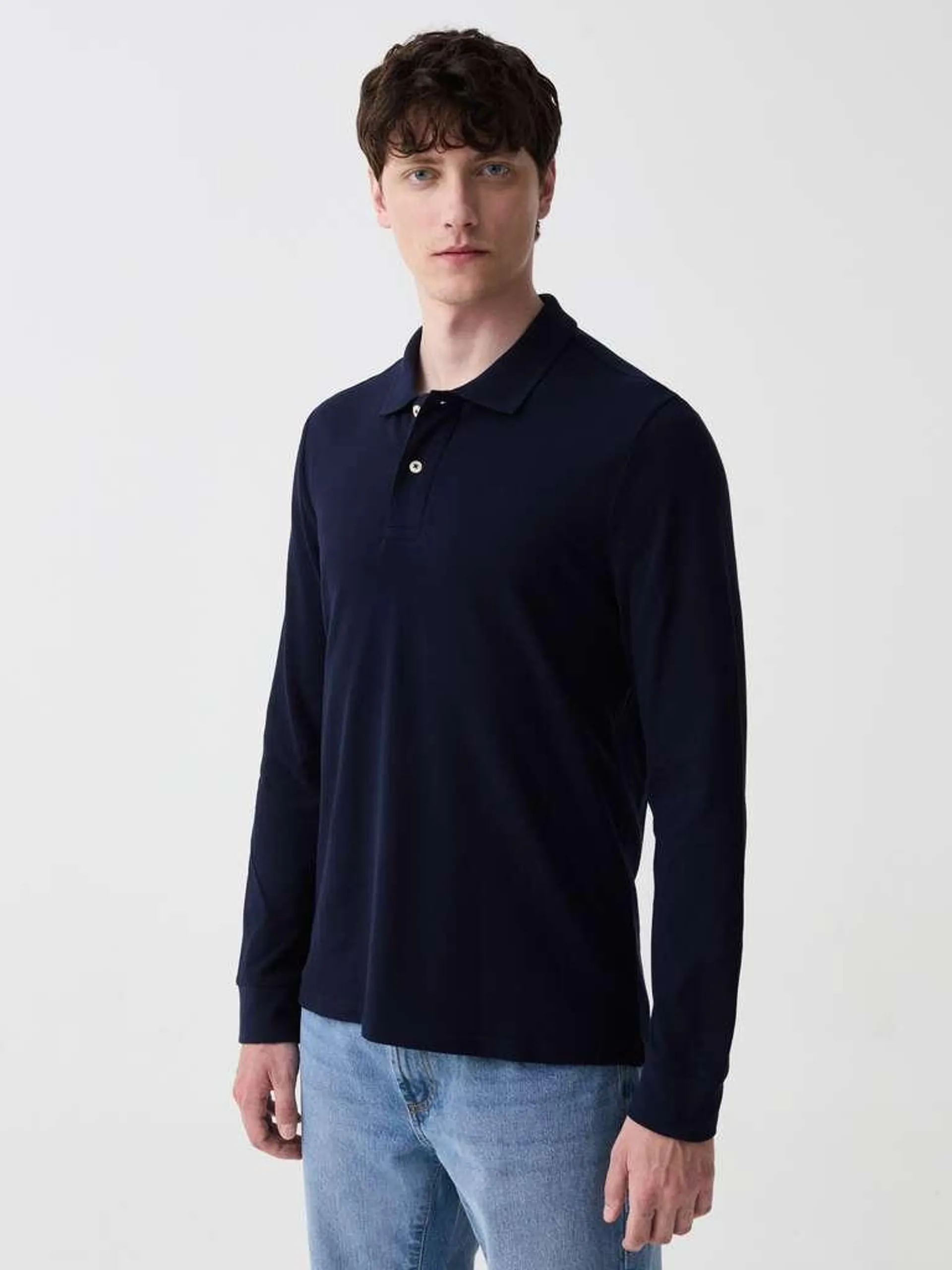 Dark Blue Cotton polo shirt with long sleeves