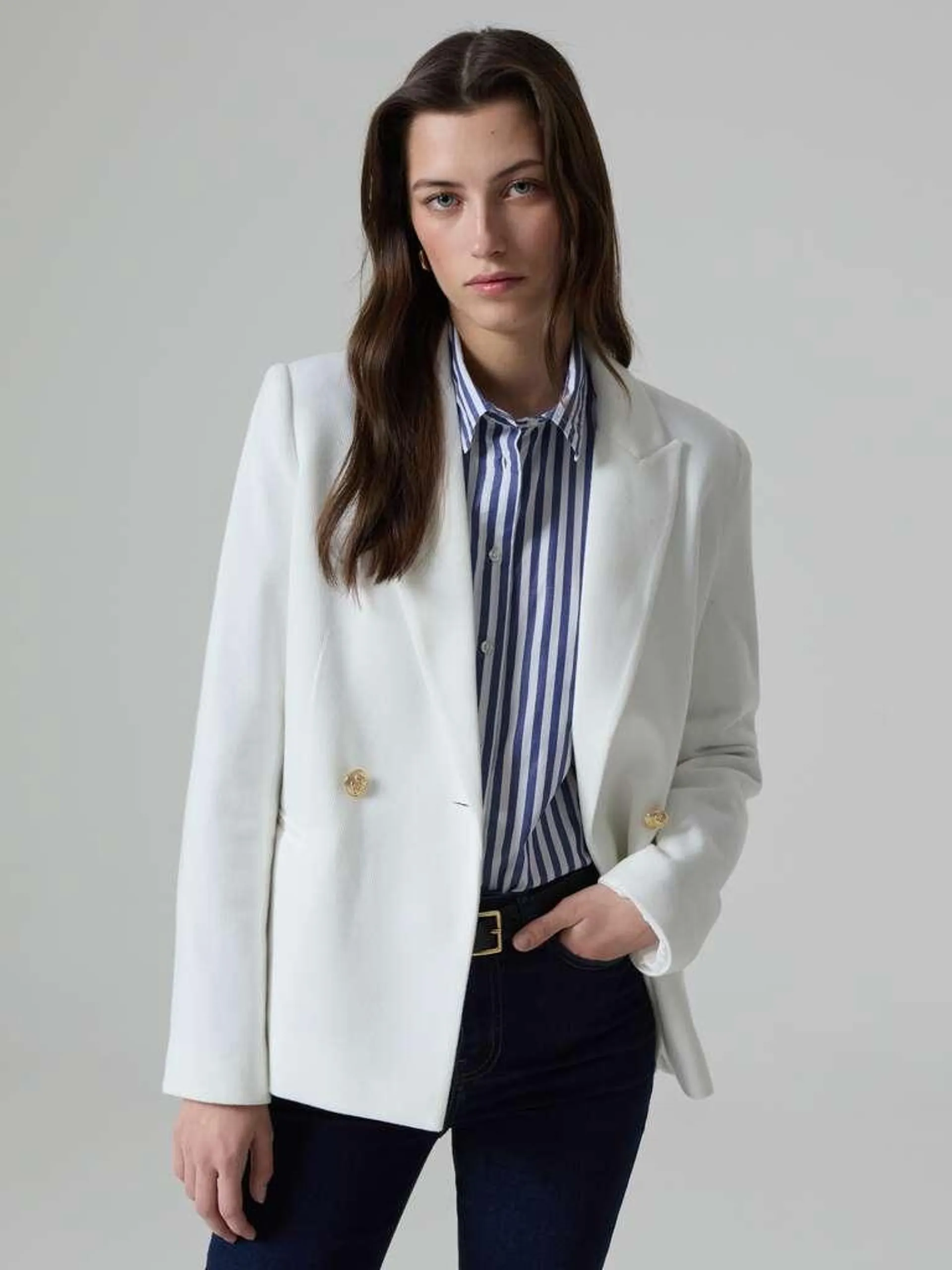 Optical White Ribbed-knit double-breasted blazer