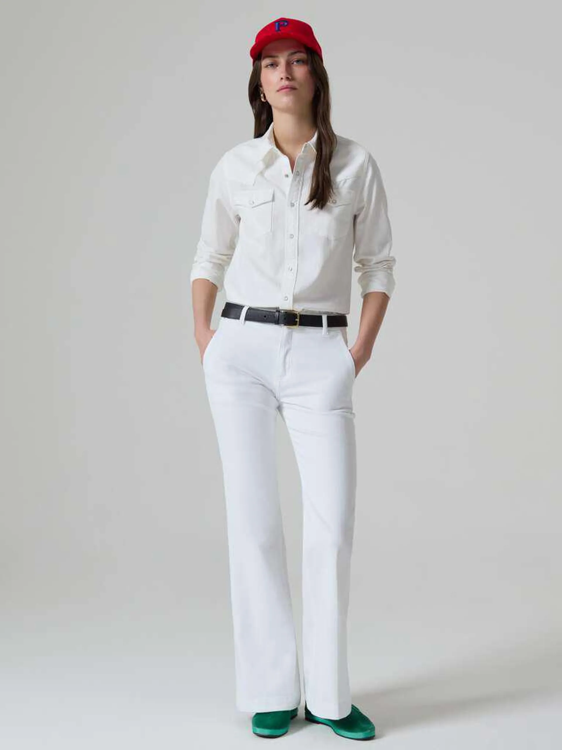 Optical White Flare-fit stretch cotton chino jeans