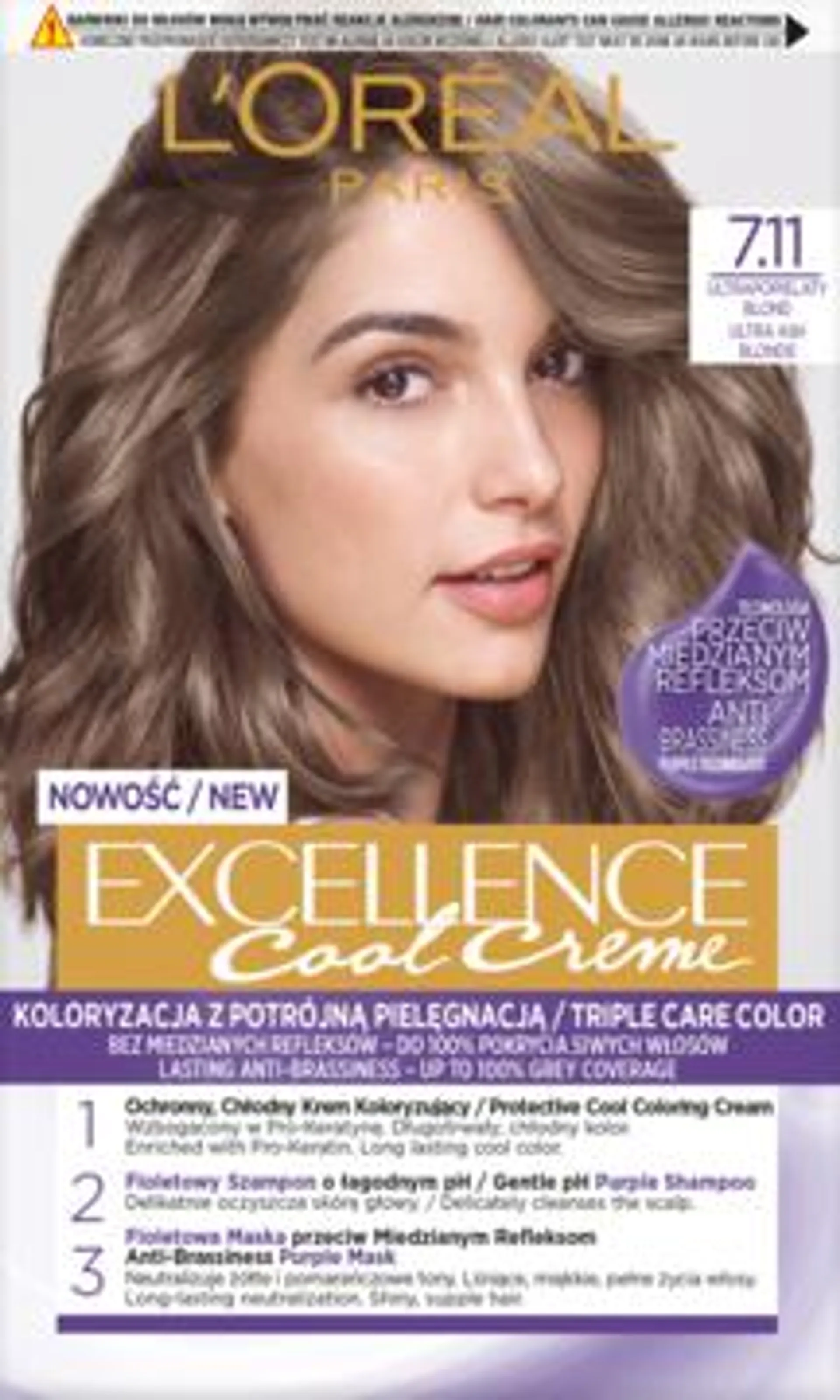 L'ORÉAL PARIS EXCELLENCE krem koloryzujący, przeciw miedzianym refleksom, nr 7.11 Ultrapopielaty Blond 1 szt., nr kat. 353683