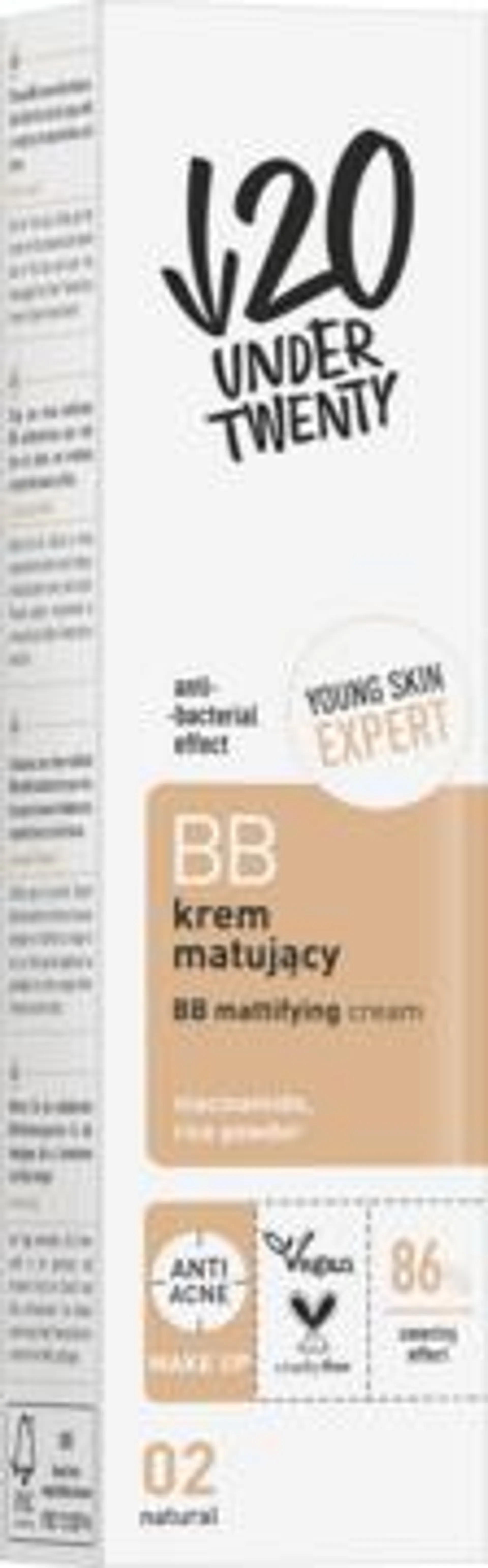 UNDER TWENTY krem BB, matujący, 02 natural 60 ml, nr kat. 418914