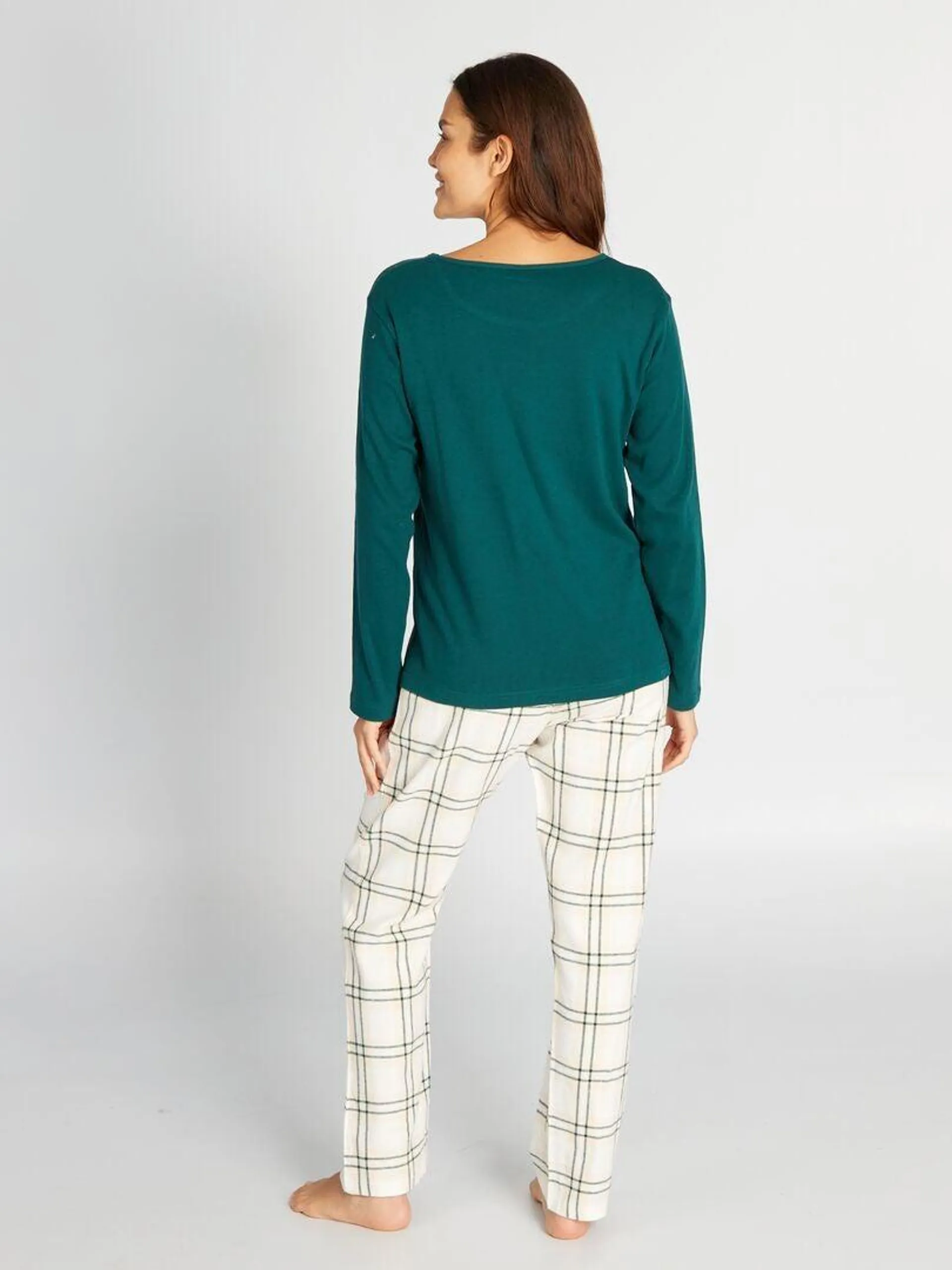 Pyjama long t-shirt + pantalon en flanelle - 2 pièces - Vert