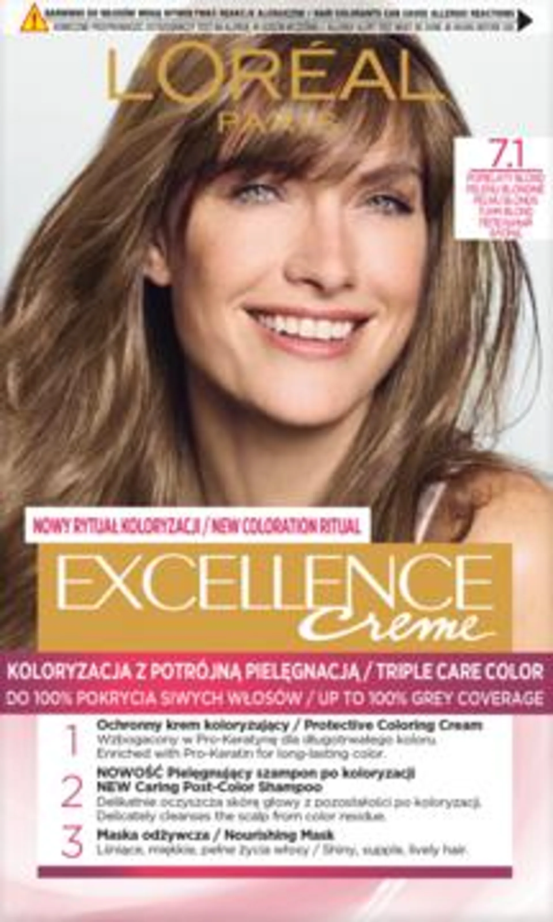 L'ORÉAL PARIS EXCELLENCE krem koloryzujący, ochronny, nr 7.1 Popielaty Blond 1 szt., nr kat. 248408