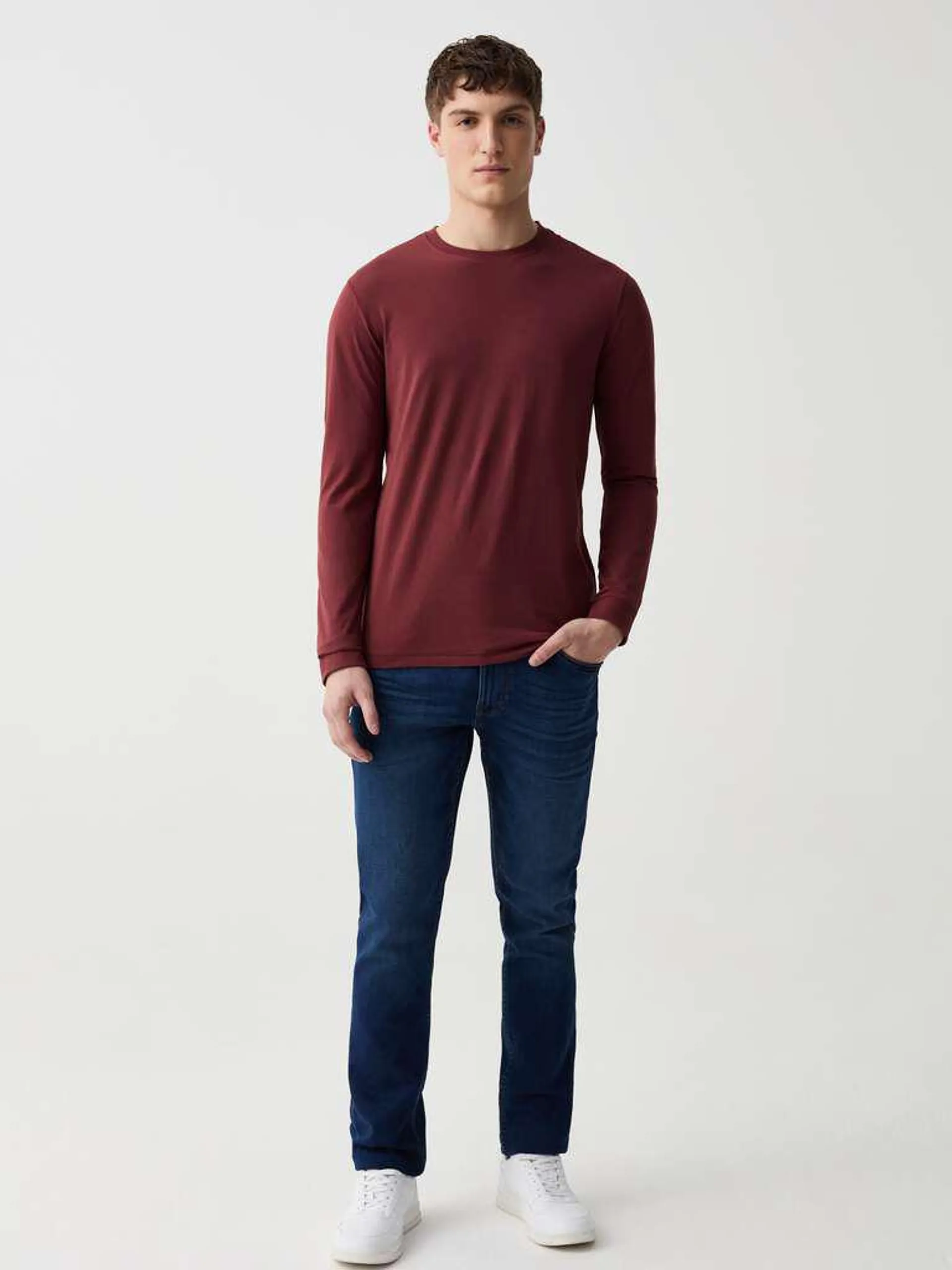 Long-sleeved T-shirt with round neck Rouge brique