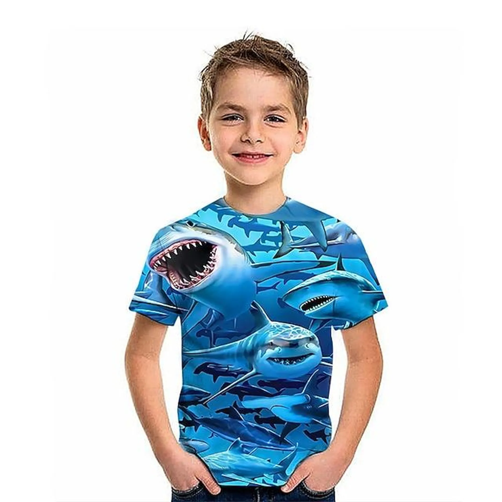 Niños Chico Camiseta Tee Graphic Animal Tiburón Manga Corta Cuello redondo Los niños parte superior Exterior Impresión 3D Deportes Moda Diario Verano Azul Piscina 2-13 años