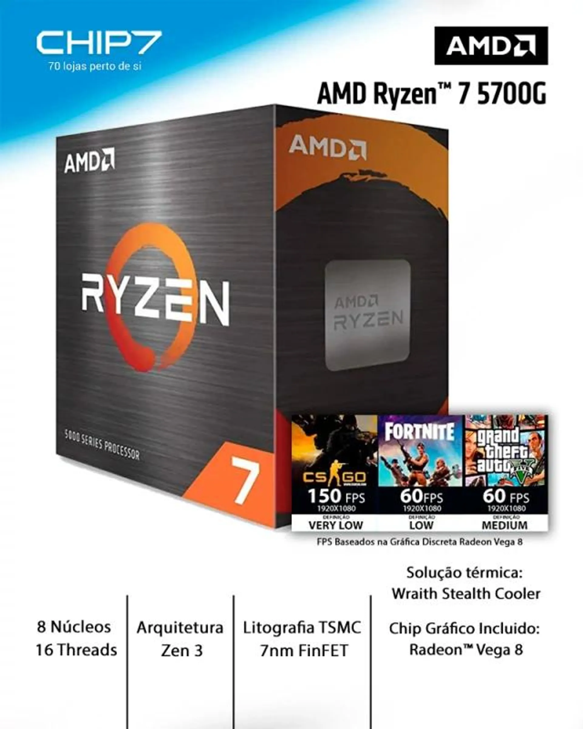 Processador AMD Ryzen 7 5700G 8-Core 3.8GHz c/ Turbo 4.6GHz 20MB SktAM4
