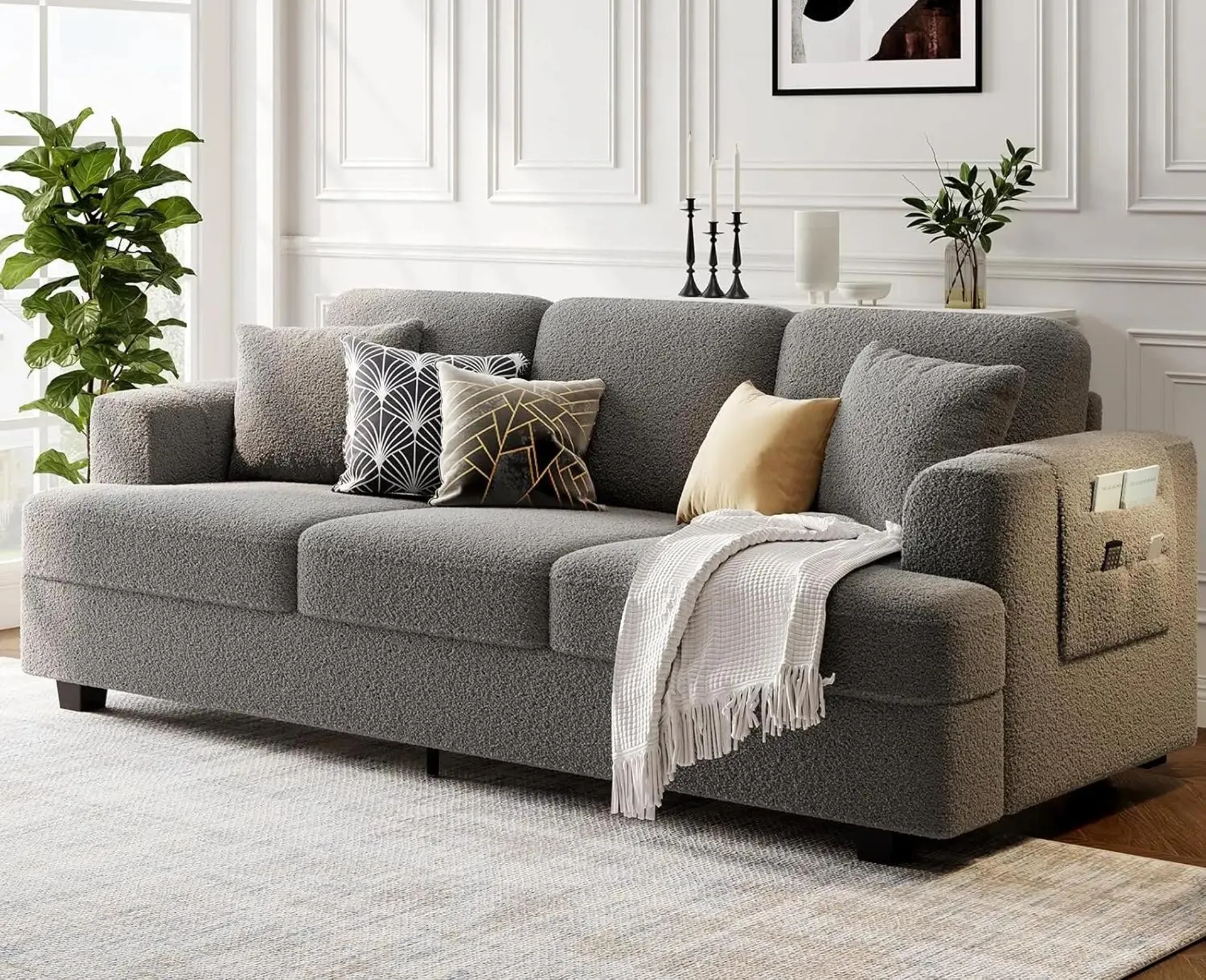 Deep Seat Sofa 89" with Throw Pillow Modern Sofa Couches for Living Room, Comfy Sofa Sleeper Couch Bouclé Dark Grey