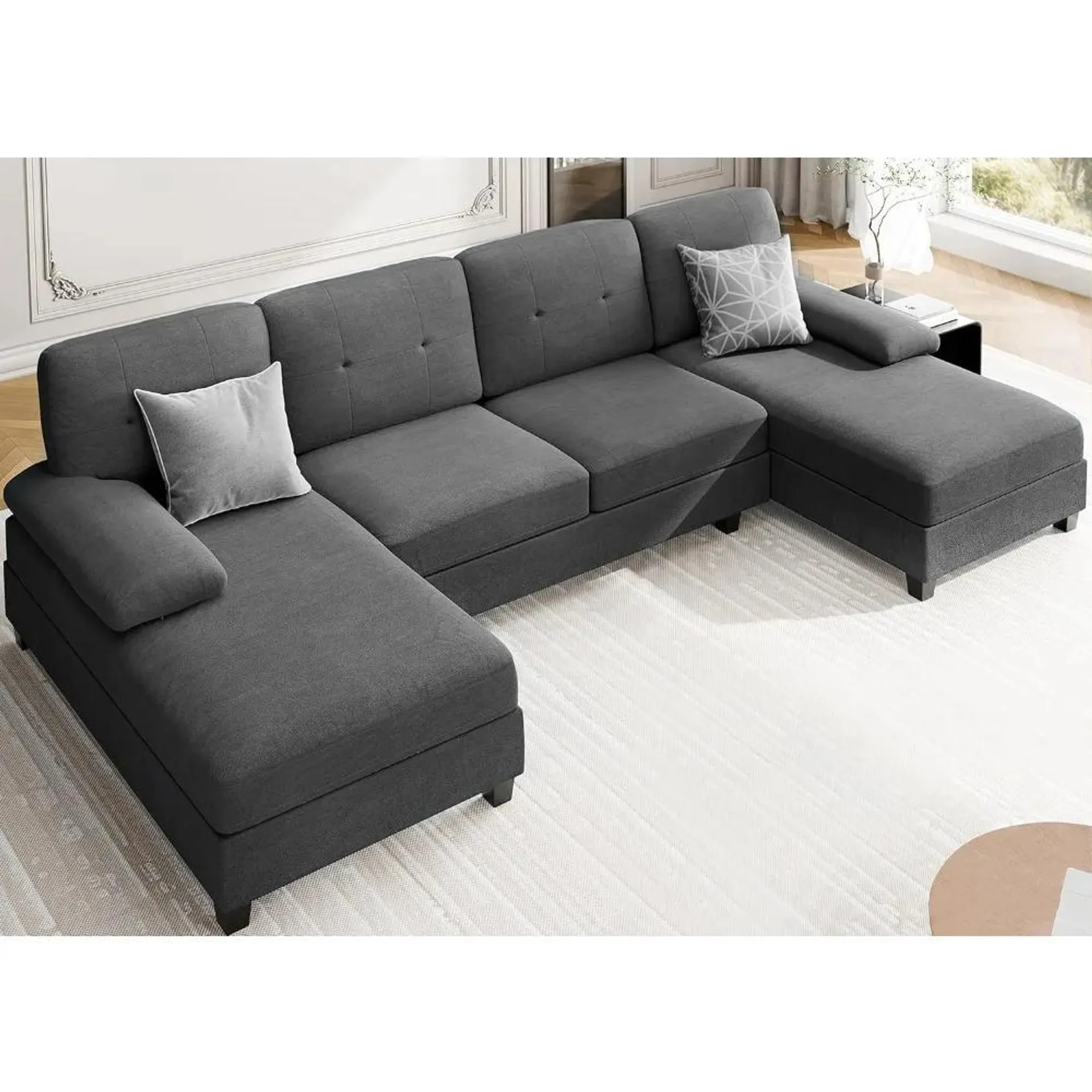 Meilocar Sectional Couches for Living Room, 4 Seat Sofa Set U-Shaped Couch with Double Wide Chaise, 106in Modern Fabric Large