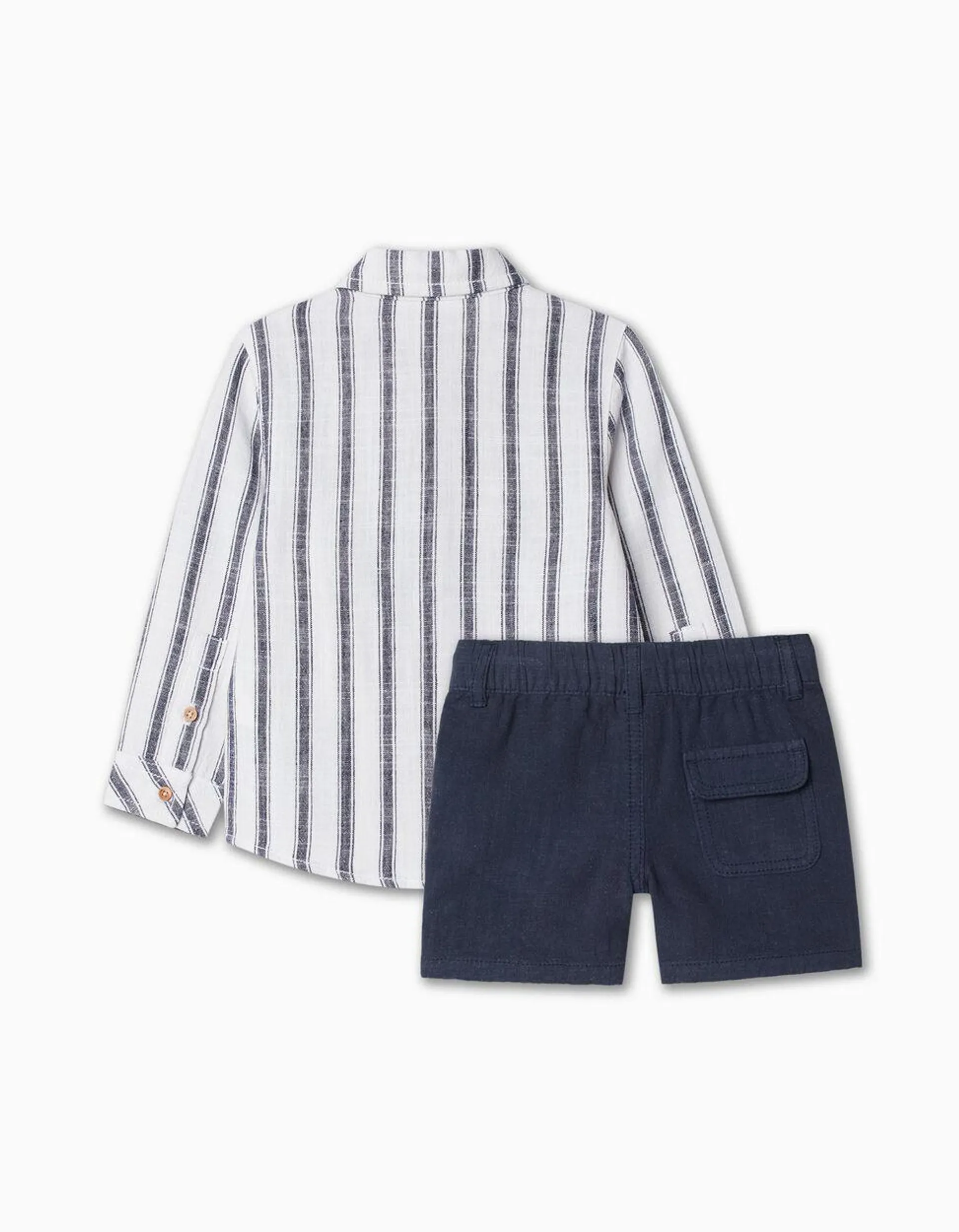 Conjunto Camisa + Calções Mistura de Linho, Bebé Menino, Azul Escuro