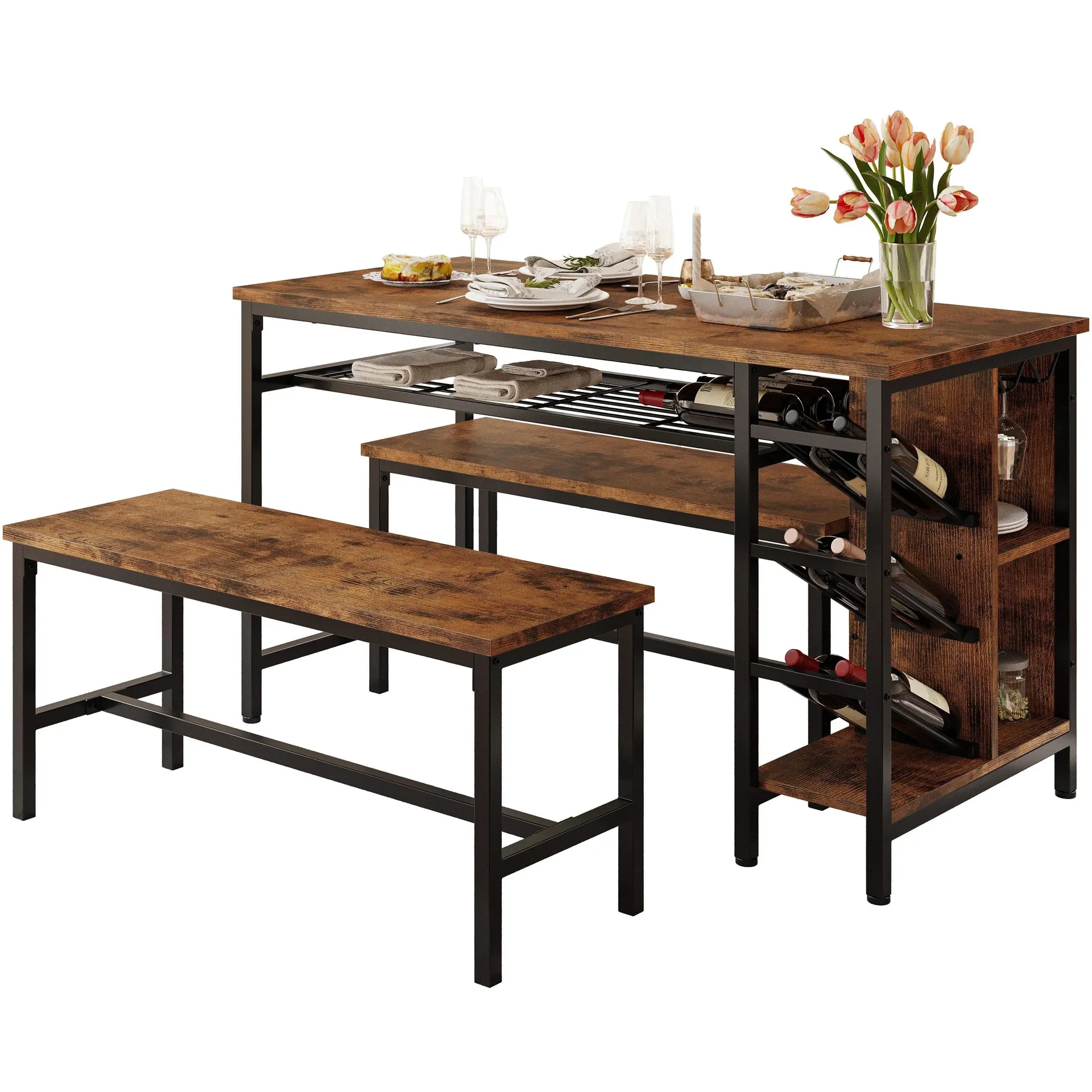 IRONCK Kitchen Table 47in, 3PC Dining Table Set with 2 Benches, Wine Rack and Glass Holder, Space-Saving Dinette
